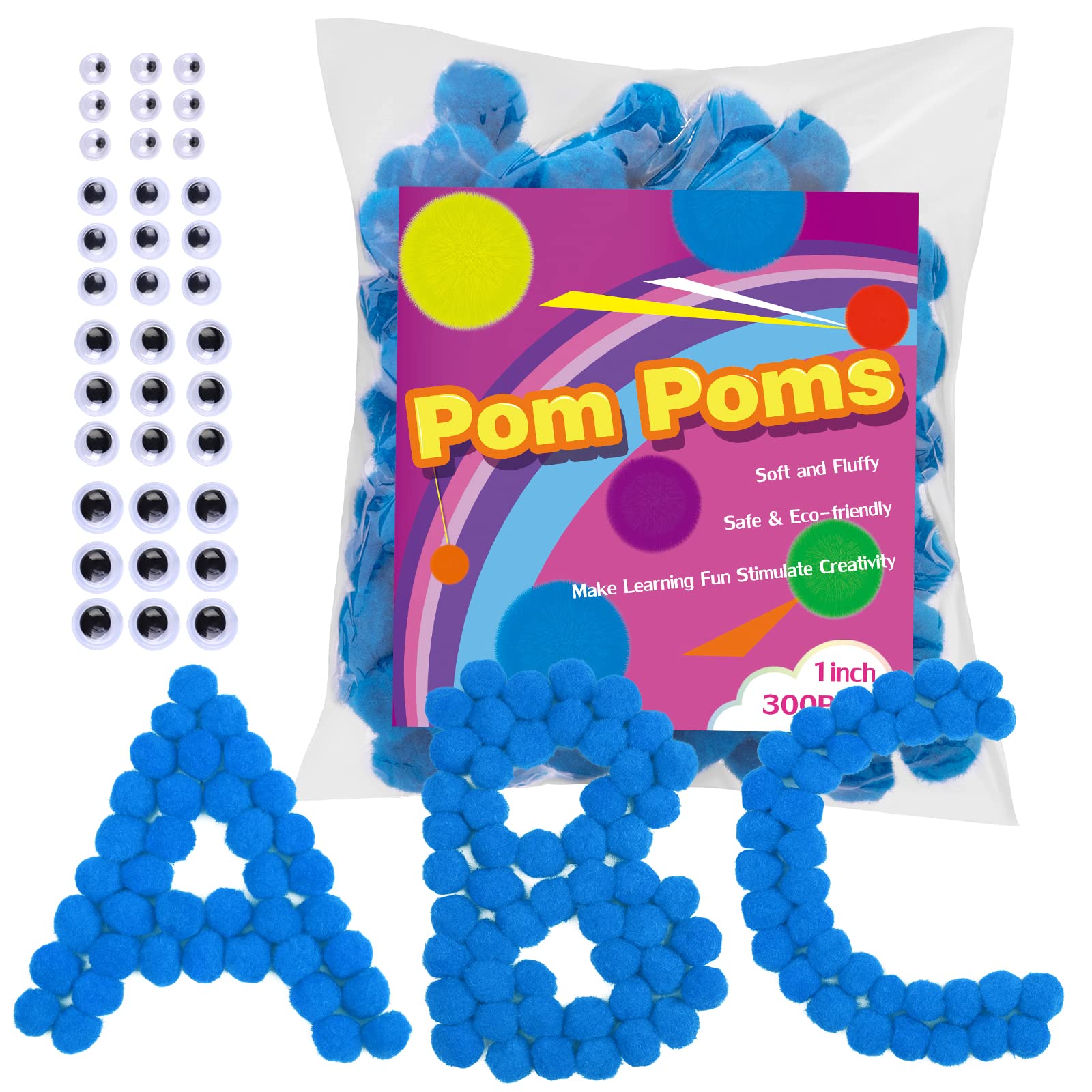 300 Pieces Light Blue Pom Poms 1 Inch Pom Poms with Self-Adhesive