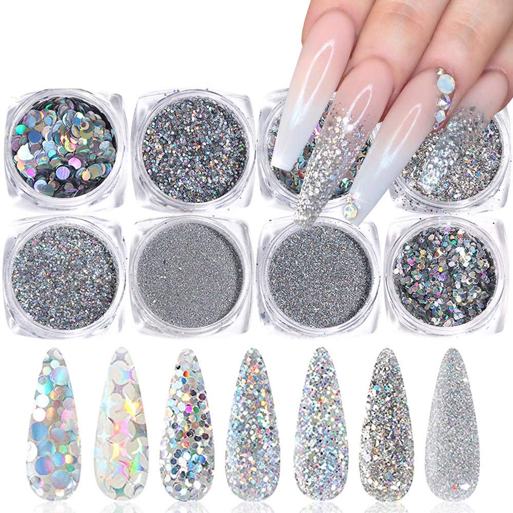 Løve vedvarende ressource Ring tilbage Holographic Nail Art Glitters - Nail Art Supplies Sequins - 3D Laser Nails  Glitter Flakes - Shiny Acrylic Nails Powder Dust - Silver Nail Confetti  Nail Art Decoration Sparkles for Manicure Tips 8Pcs