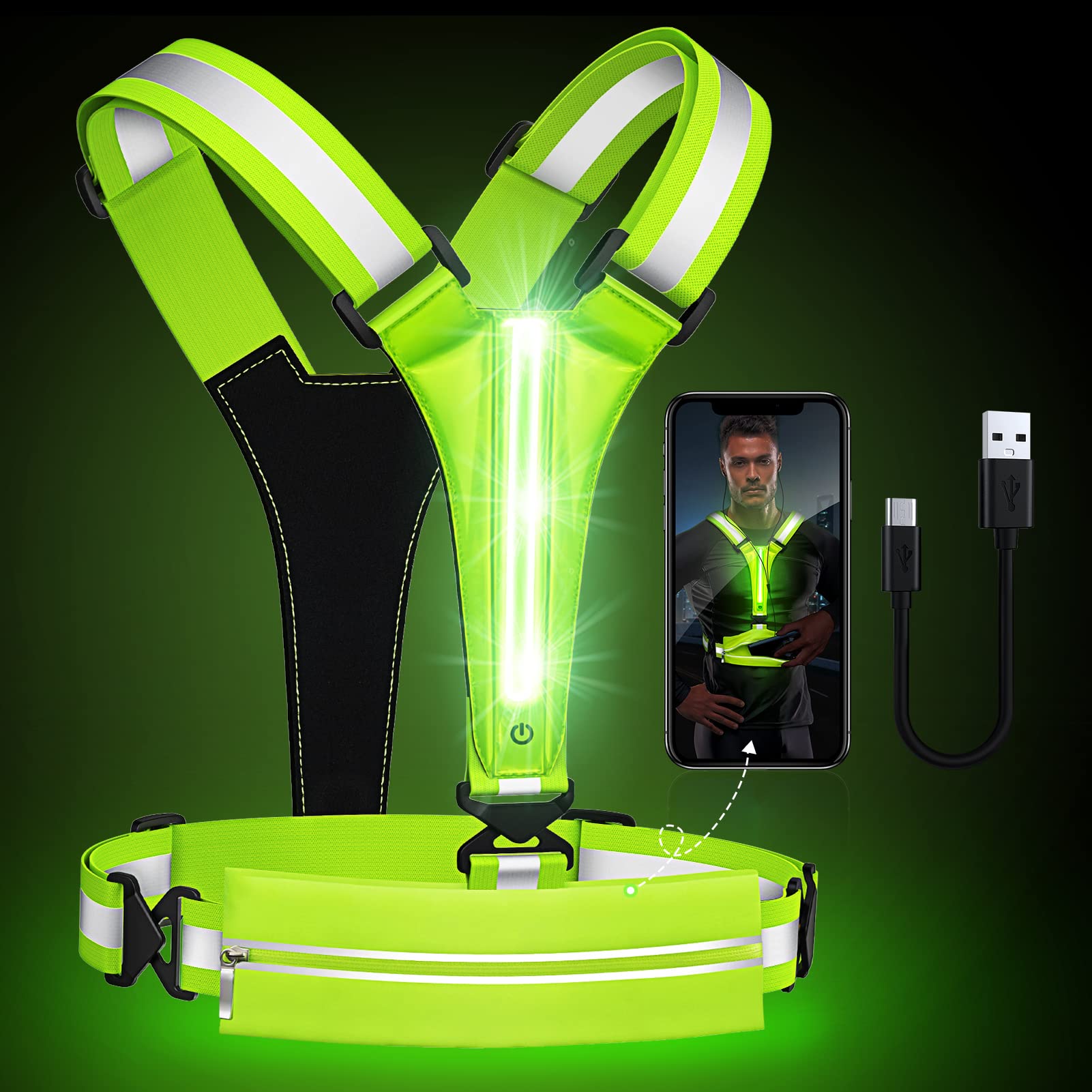 Ylzzrs LED Reflective Vest Running Gear, USB Rechargeable Light Up Running  Vest Chest Phone Holder for