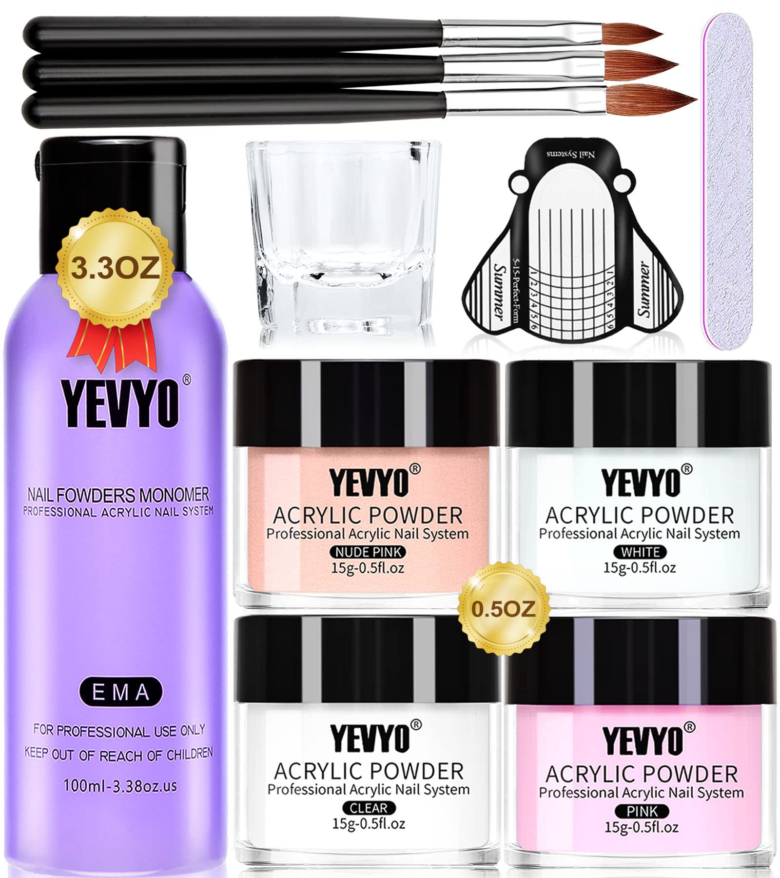 YEVYO Acrylic Nail Kit 4 PCS Acrylic Powder and Liquid Set With Clear Nude  Pink White Nail Powder and 3.38 Oz Monomer Professional Acrylic Nail Brush  Nail Forms for Acrylic Nails Extension