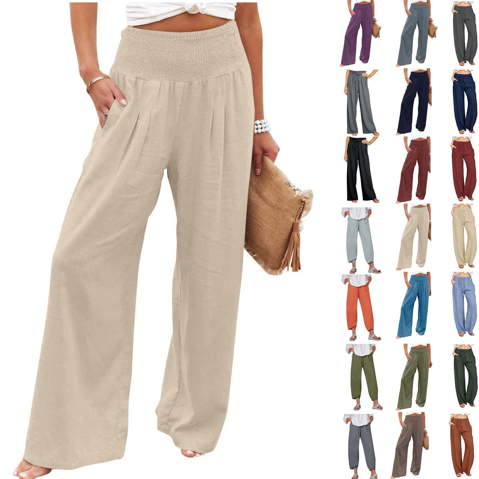 JEGULV Linen Pants for Women Casual Summer High Waist Wide Leg Palazzo  Lounge Pants Solid Baggy Pant Trousers with Pocket D01#khaki Small