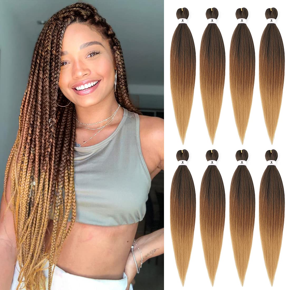 Pre Stretched Braiding Hair 26 Inch Ombre Braiding Hair 8 Packs Ombre Kanekalon  Braiding Hair Prestretched braiding hair Ombre Colors Hair Extensions for Braiding  Hair Ombre Color(1B-30-27)