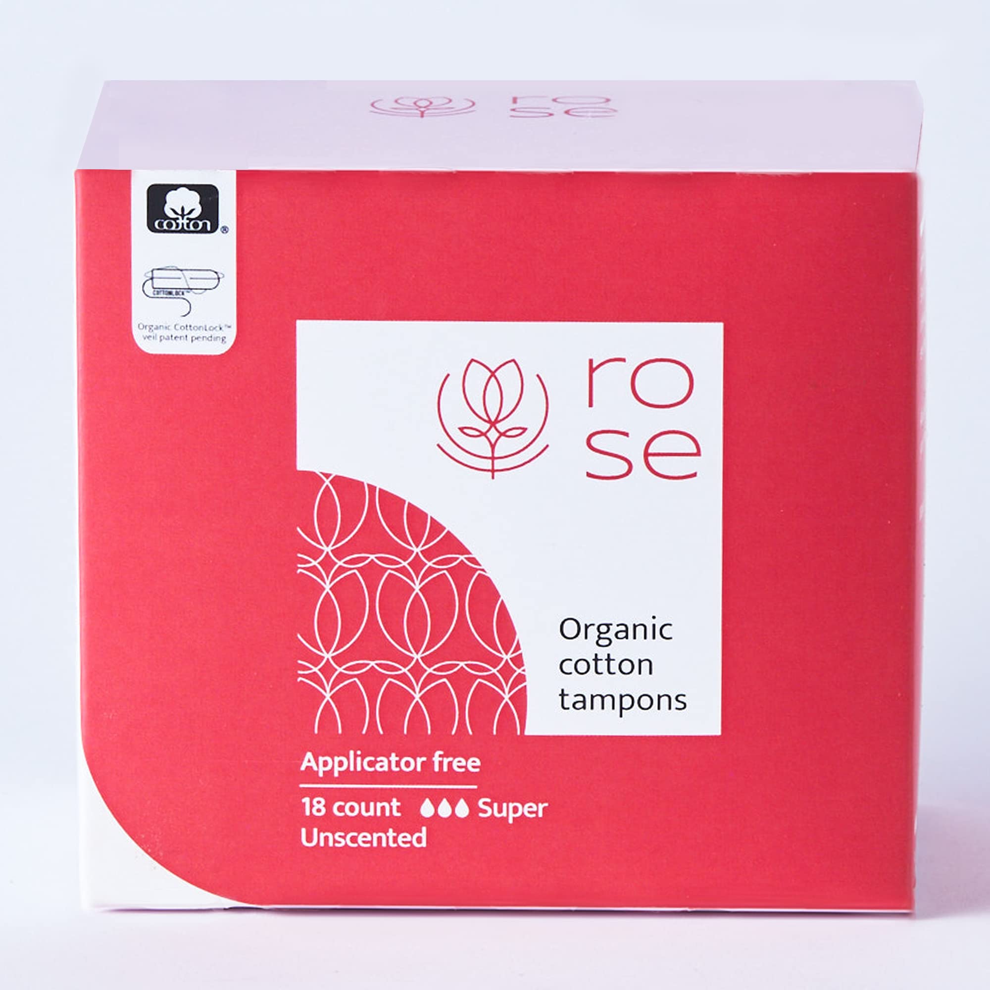 ROSE Certified Organic Cotton Non-Applicator Tampons Super Absorbency, Cotton Lock Security Veil Patent System, Hypoallergenic, Non-Toxic
