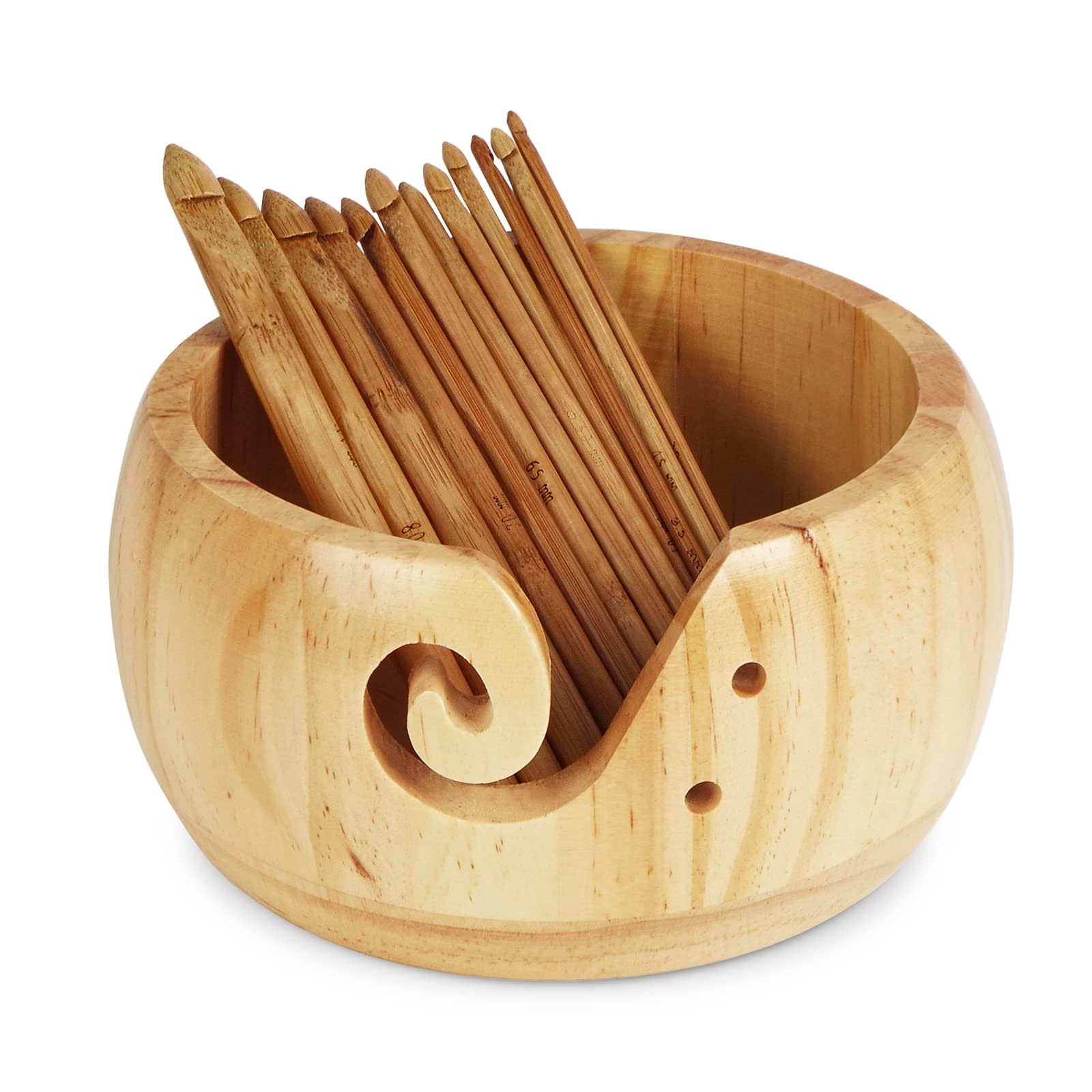 KOUISYY Wooden Yarn Bowl,Knitting Yarn Holder,Pine Crochet Bowl Holder with Lid and Carved Holes,Round Yarn Bowls for Crocheting,Wooden Weaving