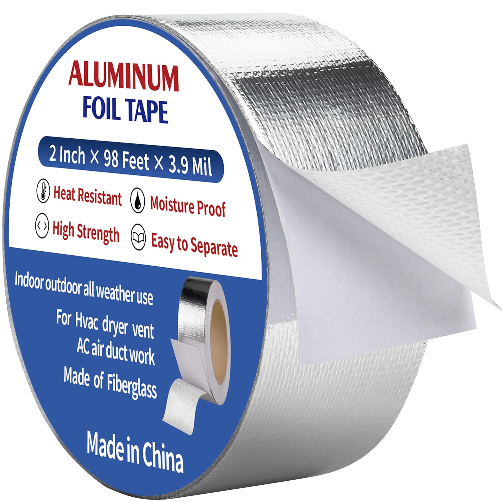 NEZUIBAN Aluminum Foil Tape,2Inch by98Feet(32.6yards) 3.9Mil Insulation Heat  Resistant Tape Perfect for HVAC, Dryer Vents,Sealing & Patching Hot & Cold  Air Ducts