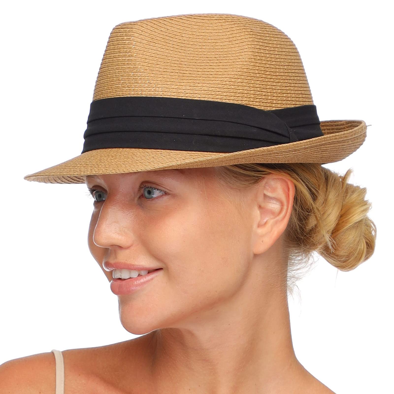 FURTALK Fedora Straw Sun Hat for Men Women Foldable Roll Up Short Brim  Trilby Hat Panama
