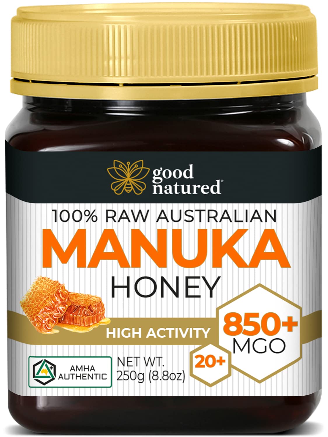 Manuka Honey MGO 850+ / 20+ Medical Grade Manuka - High Strength - Non GMO  - Raw, Active - AMHA Certified - (NPA 20+) - 250g by Good Natured