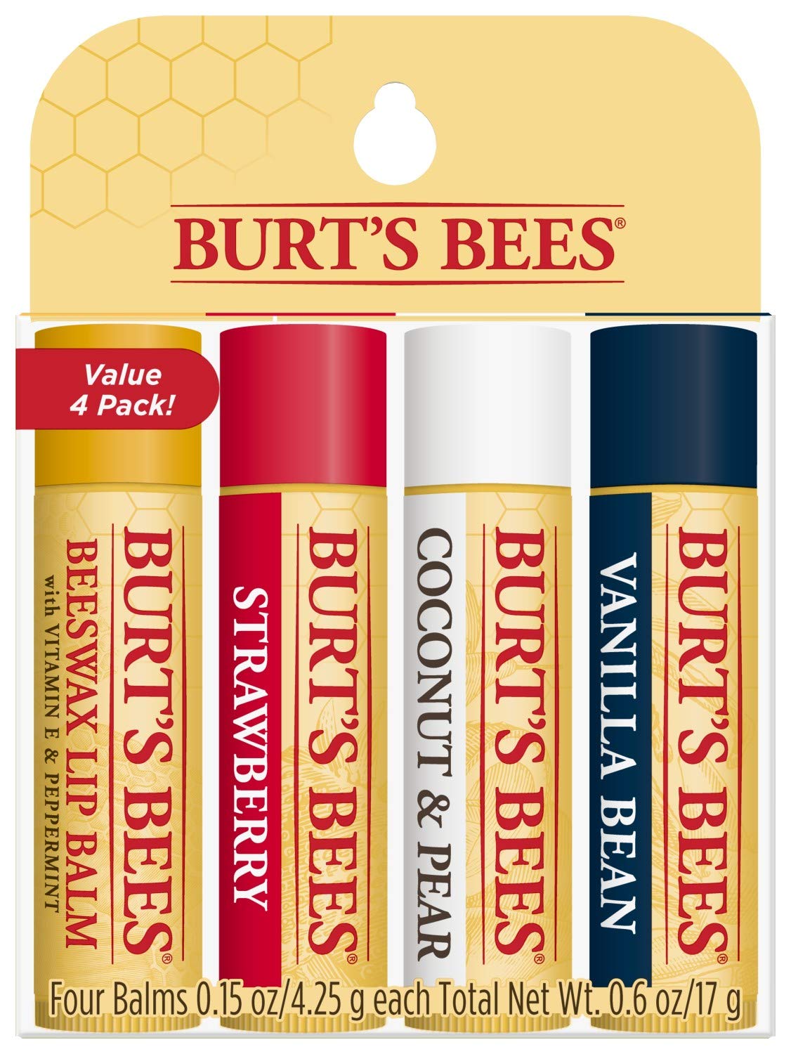  Burt's Bees Moisturizing Lip Balms Assorted Flavors 4 Pack  0.15 oz (4.25 g) Each