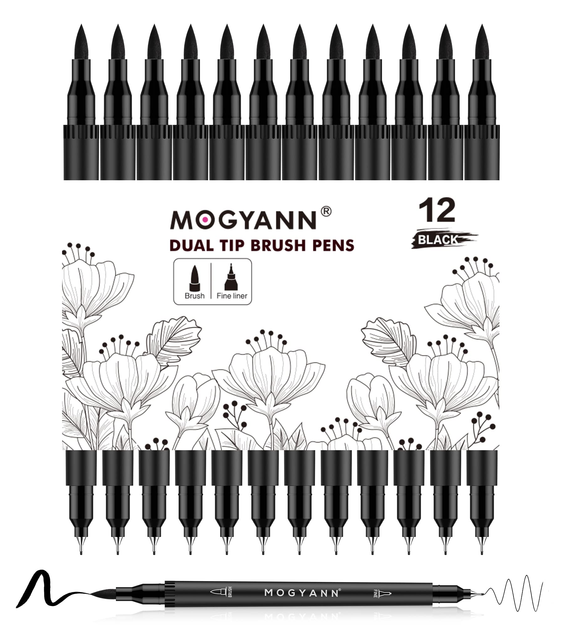Mogyann Drawing Pens 12 Pack Dual Brush Pens Black Markers for Art Drawing  Sketching
