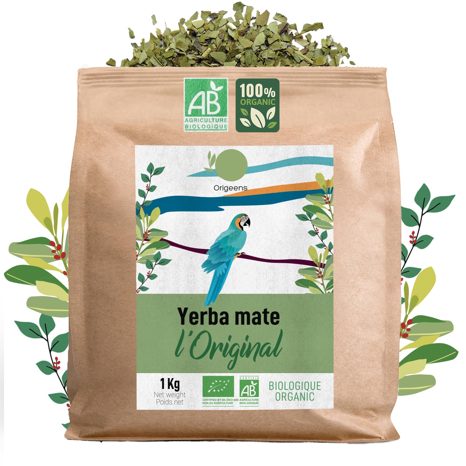 ORIGEENS ORGANIC YERBA MATE 1Kg, Yerba Mate Tea unsmoked Leaf without  stems not powdery