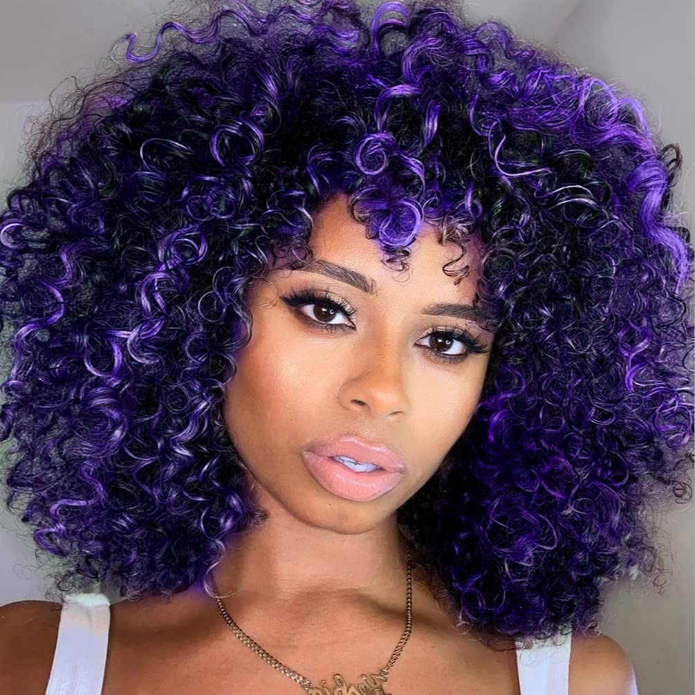 Curly Wigs for Black Women - Curly Afro Wig with Bangs Purple Mixed Blue  Synthetic Hair Afro Curly Wigs with 1 Wig Comb and 4pcs Wig Caps 15 Inch  (Pack of 1) T15717C# Mixed Blue