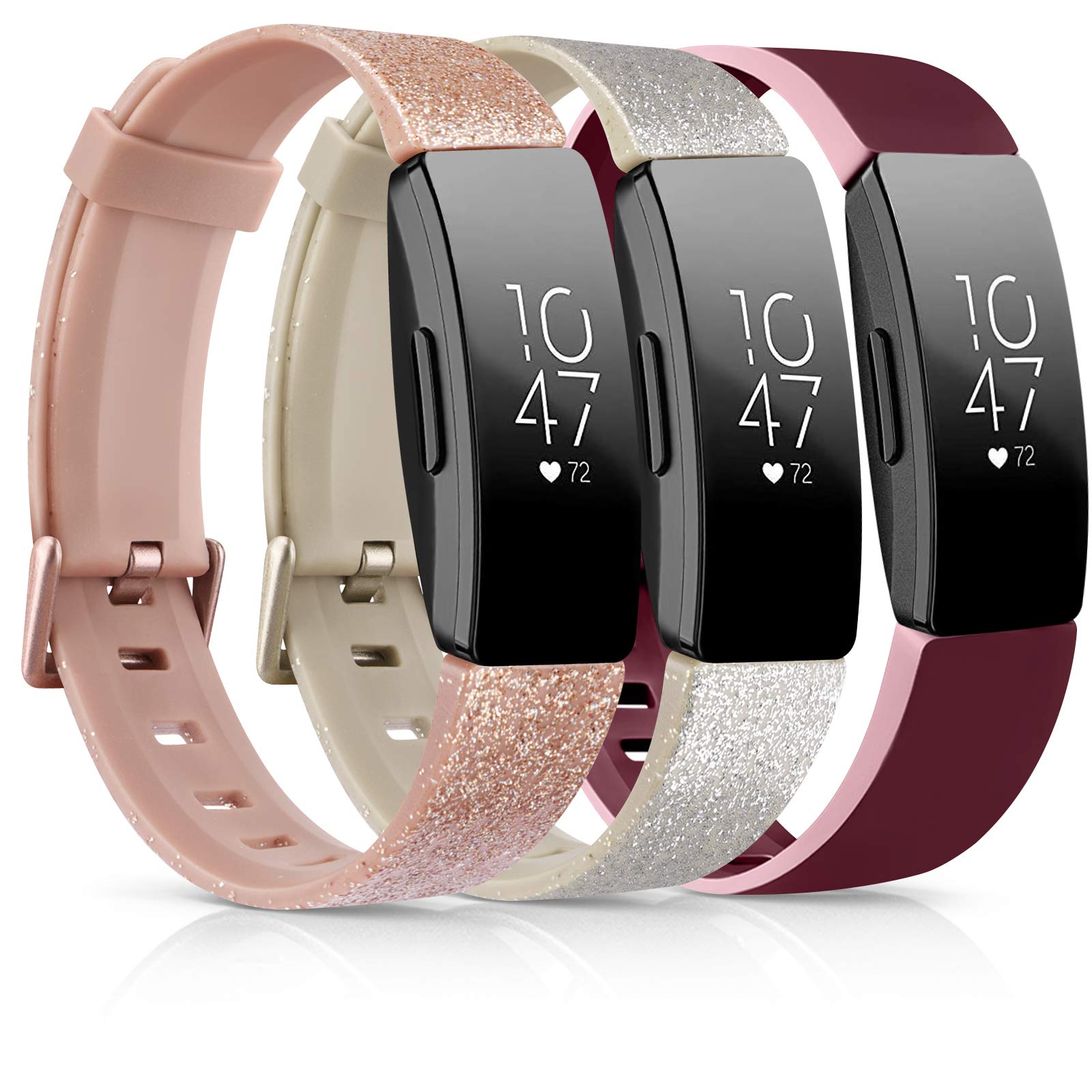 3 Pack] Soft TPU Bands Compatible with Fitbit Inspire 2/Inspire HR/Inspire/ Fitbit Ace 2 Sports Wristbands for Fitbit Inspire (Glistening Rose  Gold/Glistening Champagne Gold/Wine Red, Large) Large 09 Glistening Rose  Gold/G…