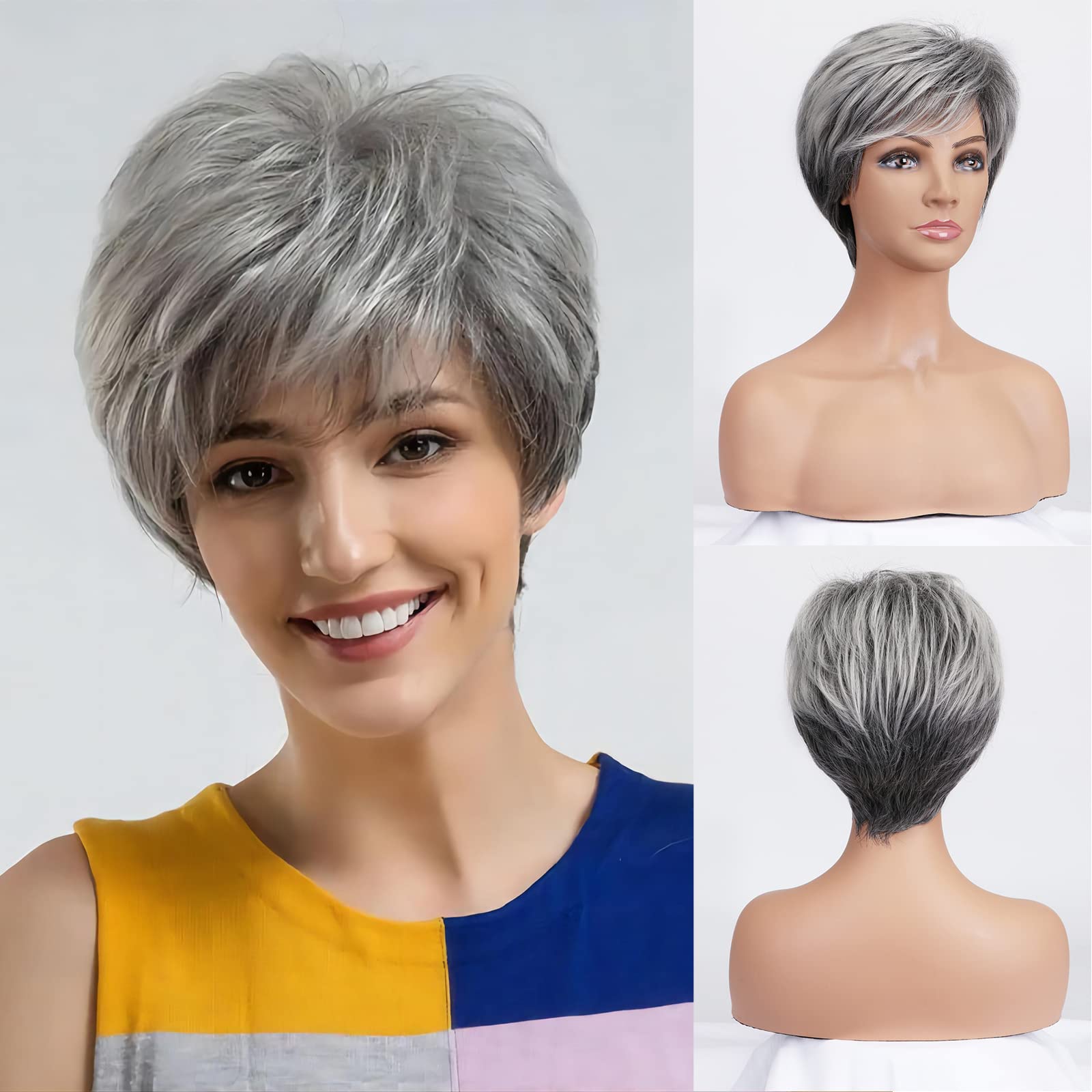 BESTUNG Short Silver Synthetic Wig for Elderly Women