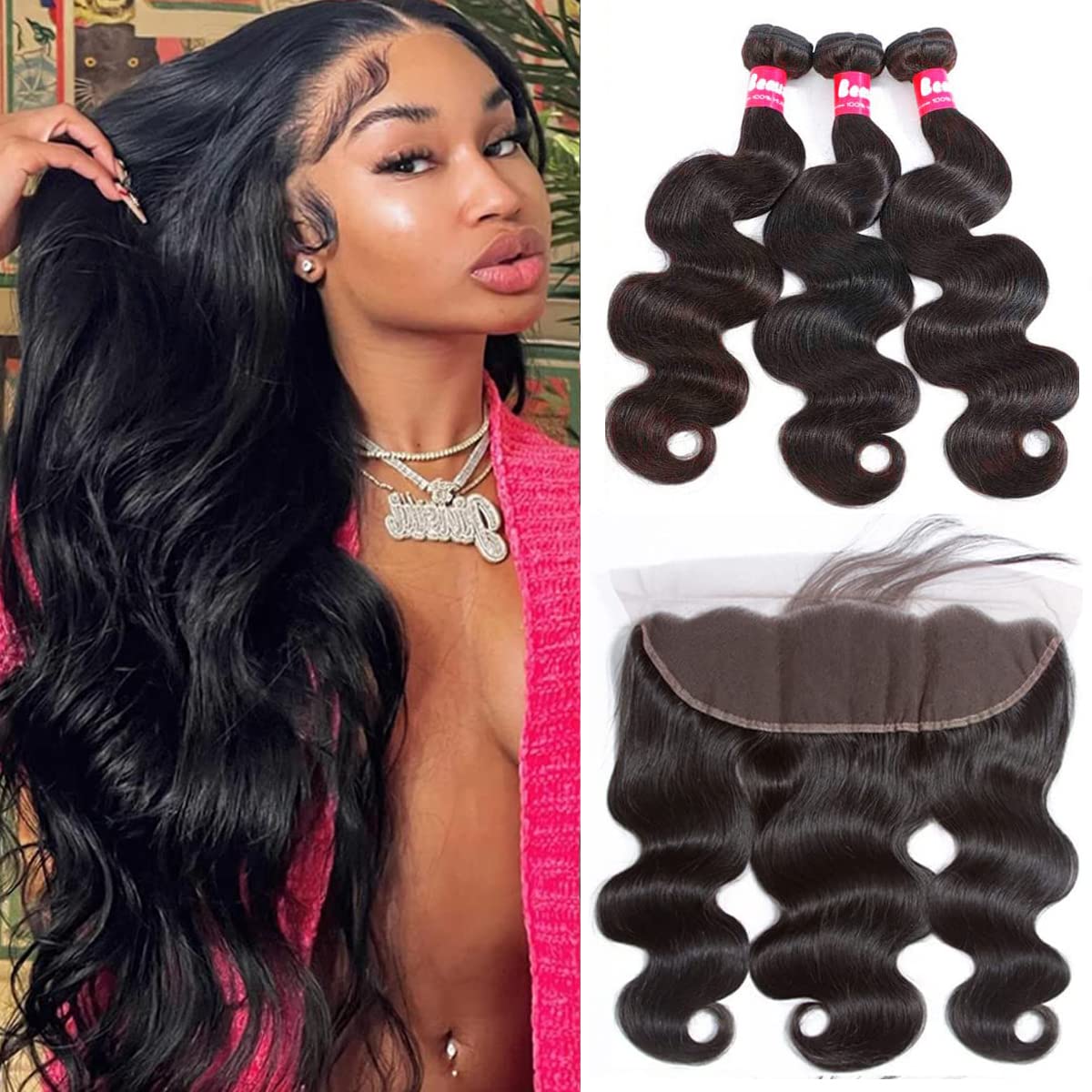 Relena Body Wave Bundles with Frontal Human Hair (26 28 30+18,Free Part)  13x4 Ear to Ear Lace Frontal Closure with 3 Bundles 100% Unprocessed Brazilian  Virgin Human Hair Weave Bundles with Frontal 26 28 30+18 body wave bun…