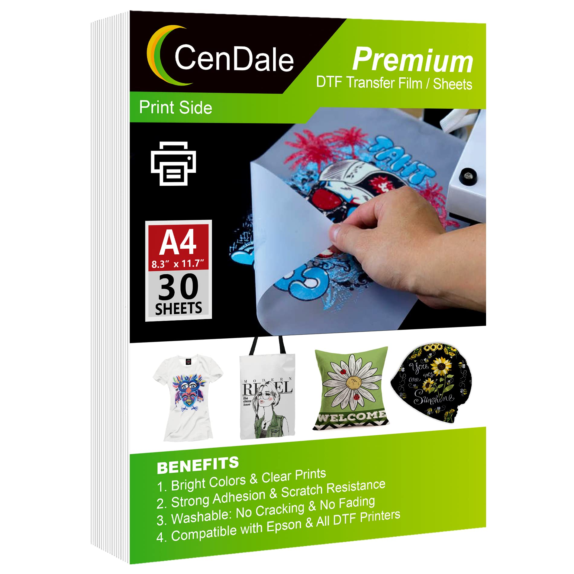 CenDale DTF Transfer Film - A4(8.3 x 11.7) 30 Sheets Double-Sided Matte  Clear PreTreat Sheets- PET Heat Transfer Paper for DYI Direct Print on  T-Shirts Textile A4-30 sheets