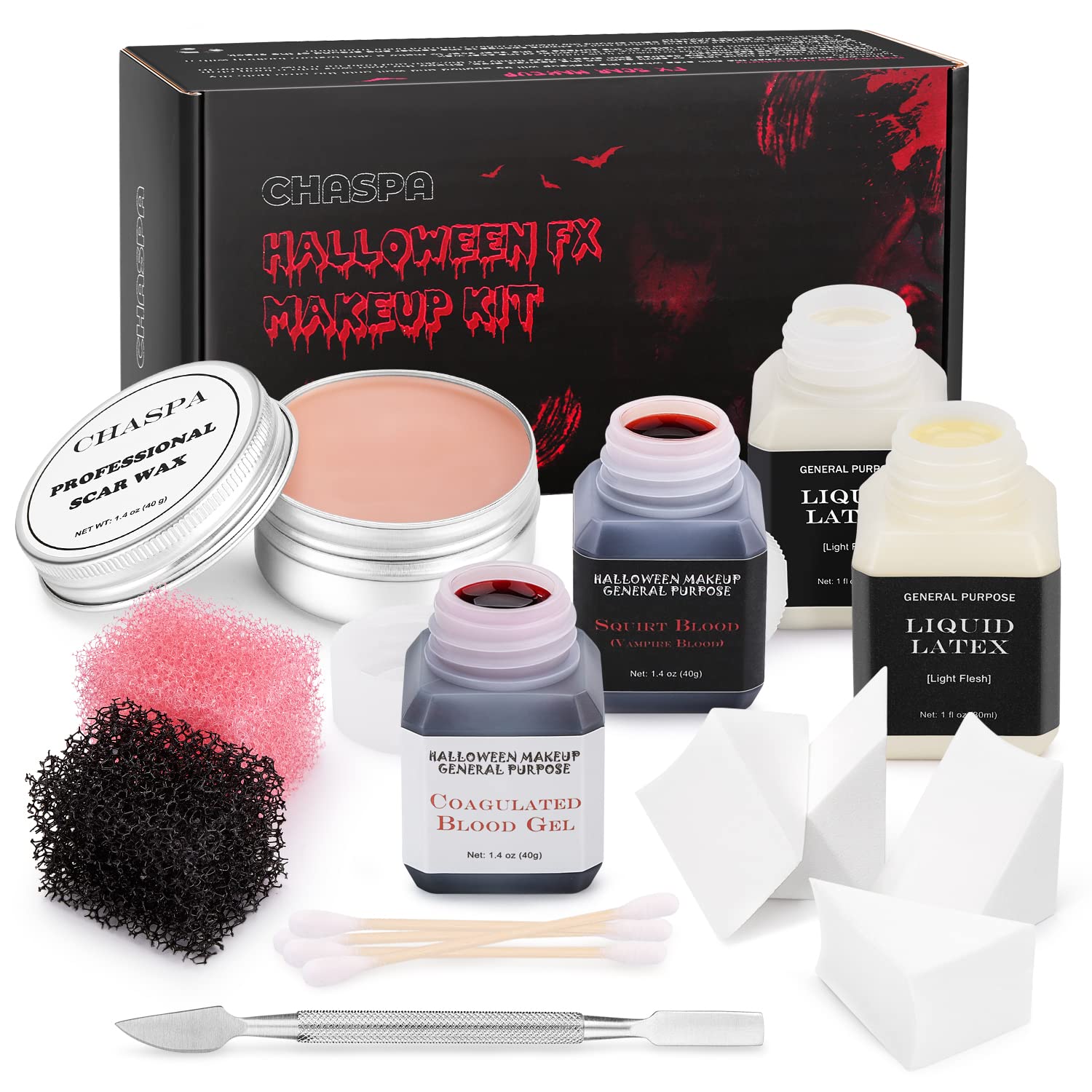 Hywestger Halloween Special Effects Makeup Kit,6 Pieces All in One Makeup Kit with Stipple Sponges,Fake Blood, Makeup Wax Perfect for Halloween