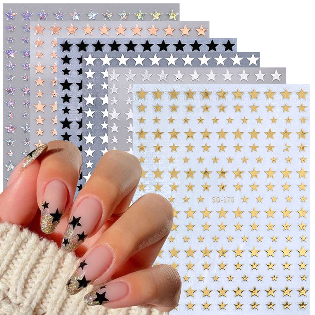 6 Sheets Star Nail Stickers 3D Glitter Shiny Gold Silver White Black Stars  Nail Art Sticker