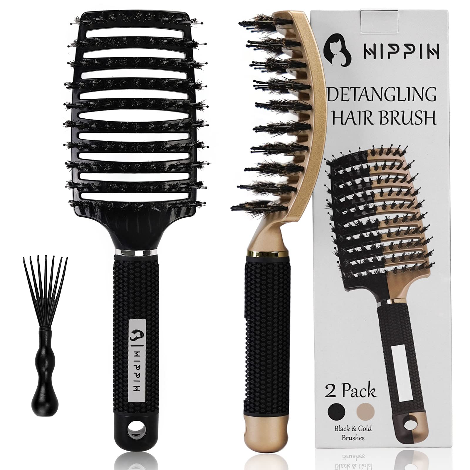 Boar Hair Brushes 2 Pack, Suitable for Men, Women & Kids Long Curly Wet or  Dry Hair, HIPPIH Hairbrush for Thick Hair Can Adds Shine and Makes Hair  Smooth Black