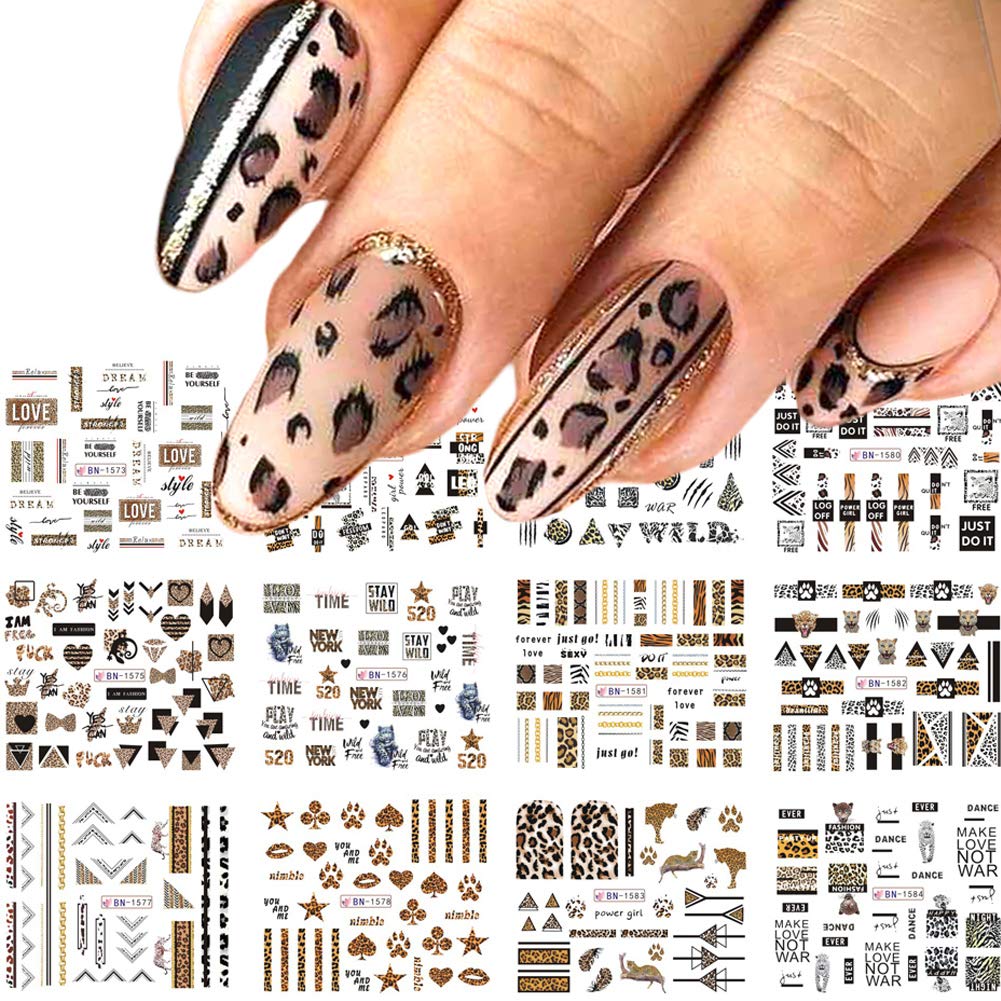 12 Sheets Leopard Print Nail Stickers Foil Nail Art Supplies Water Transfer  Nail Decals Geometric Animal