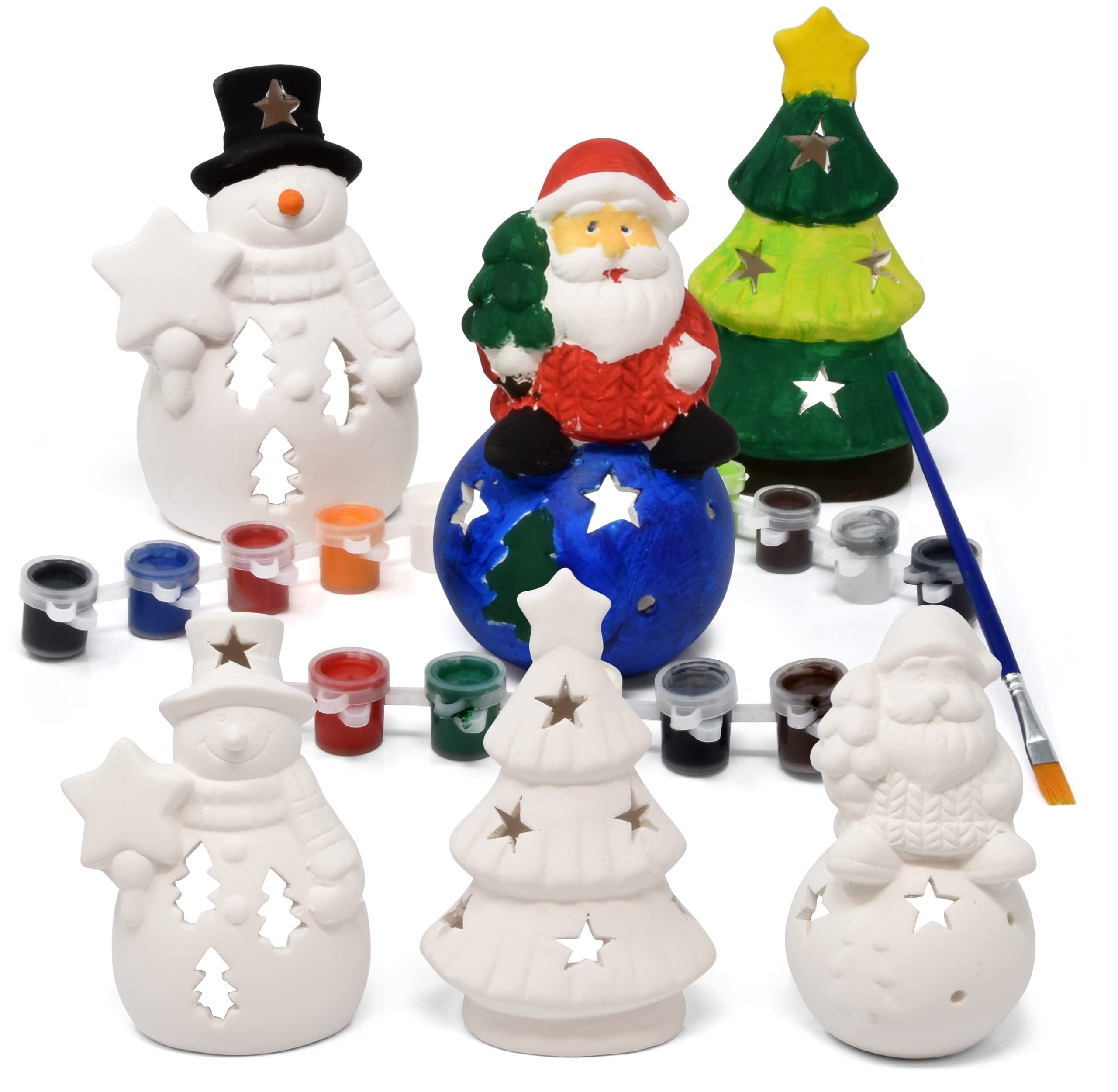 Set of 6 Ceramic Christmas Santa Snowman Tree Figurines Paint Craft Kit  Unpainted Ceramics Plaster Keepsake for Kids Classroom Art Project Xmas  Favors Holiday Party Decoration Paint & Brushes Included