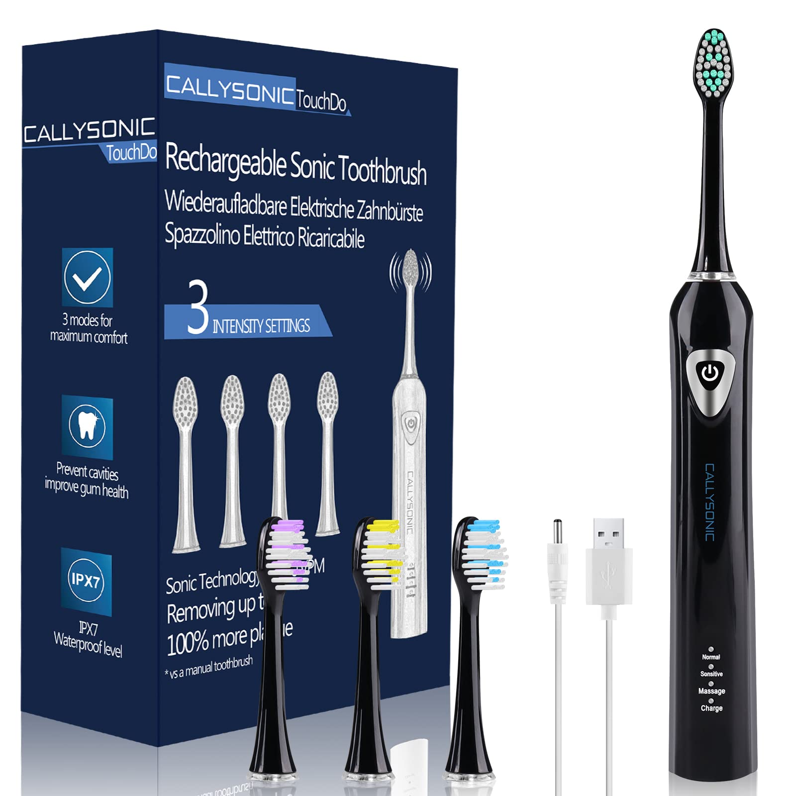 Sonic Electric Toothbrush for Adults and Teens, Rechargeable Whitening Ultrasonic  Toothbrush with 4 Duponts Brush Heads, 3 Modes, 48000 VPM, Timer, Waterproof,  4H Charge for 45 Days (Black)
