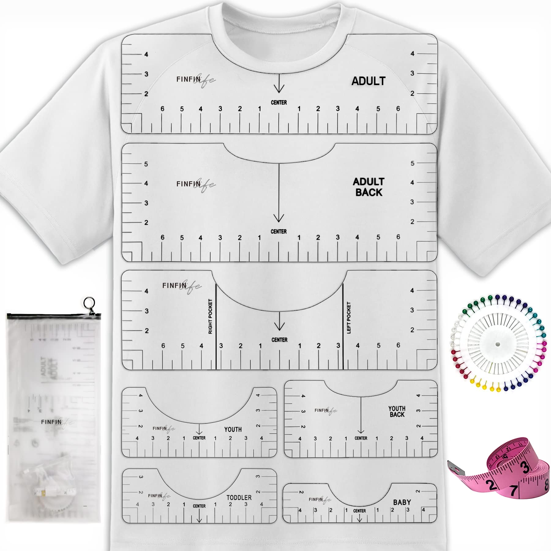 CLPA T-Shirt Ruler Alignment Tool for Multiple Chest Tshirt Vinyl Placement. All-In-One Template to Center Designs on Adult Youth Infant T Shirts.