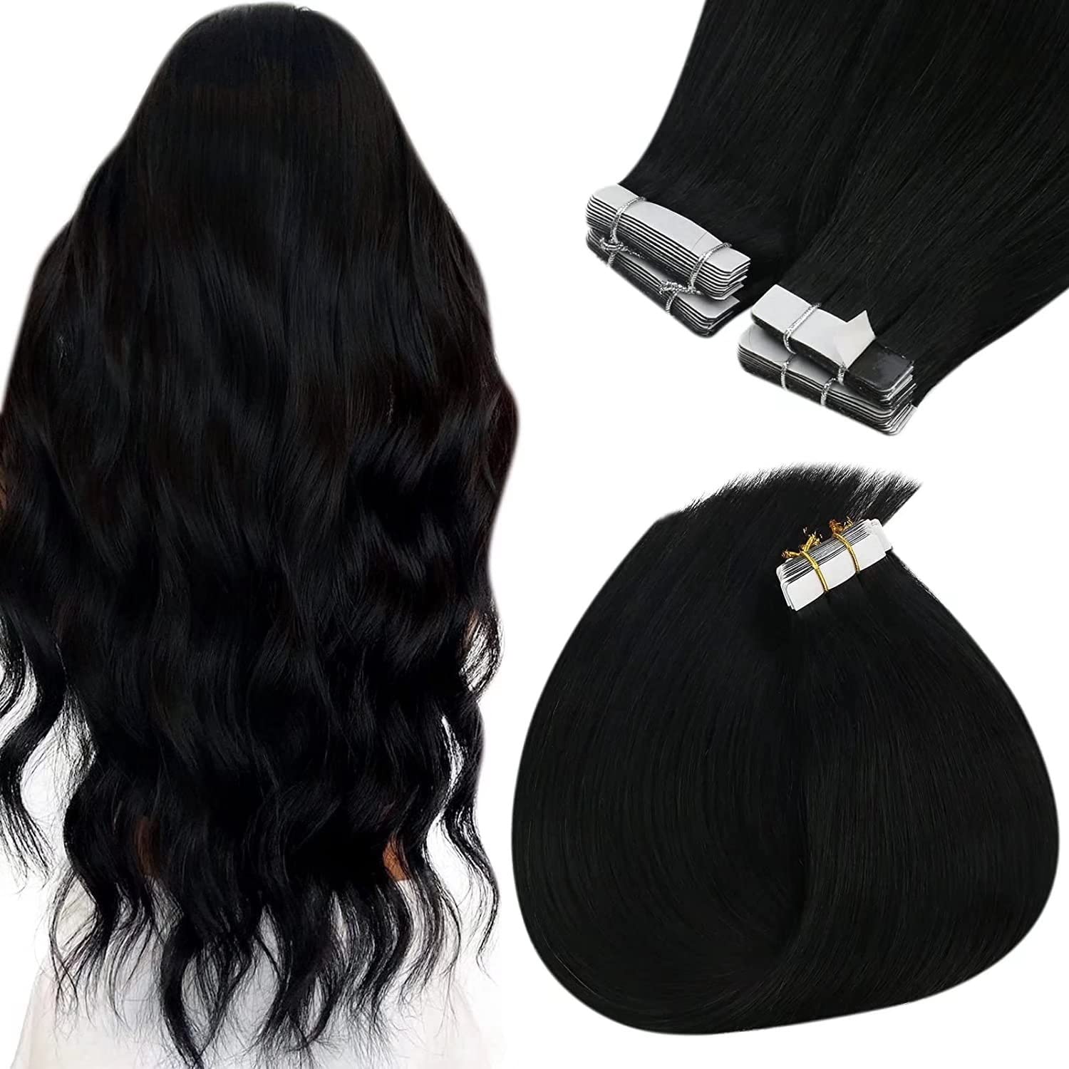 Sunny Black Tape in Hair Extensions Human Hair #1 Jet Black Hair Tape in  Extensions Remy