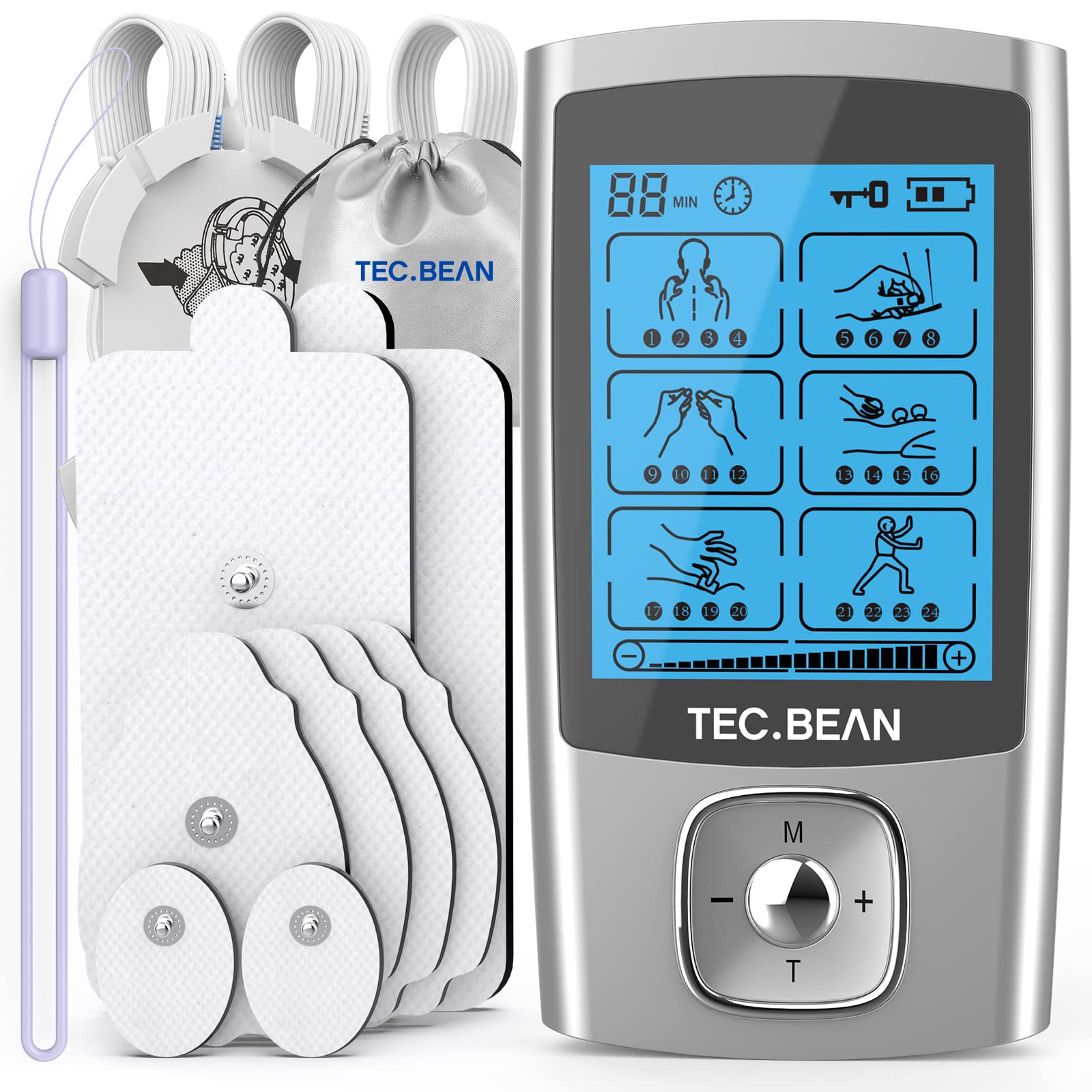 TEC.BEAN 24 Modes TENS Unit Muscle Stimulator Rechargeable TENS Machine  with 8 Electrode Pads (American Gel) Electric Pulse Massager for Pain  Relief Therapy