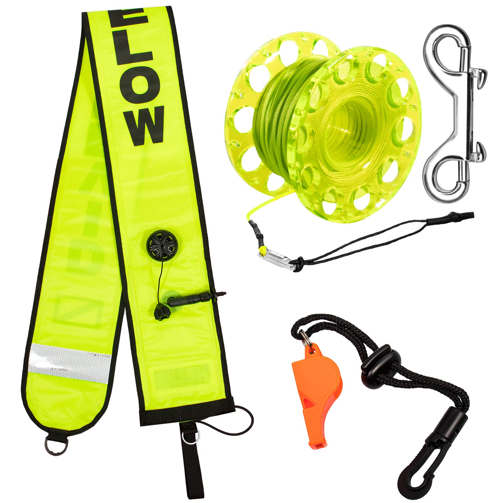  Scuba Surface Marker Buoy (SMB) Set, 5ft Hi-Visibility  Reflective Band Open Bottom Safety Sausage with 100ft Alloy Finger Spool  Dive Reel and Double-ended Snap Hook Fits Underwater Fluorescent Yellow 
