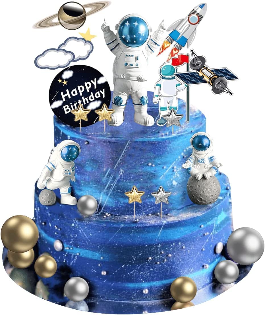 22 Pcs Space Cake Topper,Space Cupcake Toppers Astronaut Figurine Birthday  Outer Space Themed Party Decorations Supplies Planet Rocket Pearl Balls and  Star DIY Cake Toppers for Kids Party Baby Shower Blue