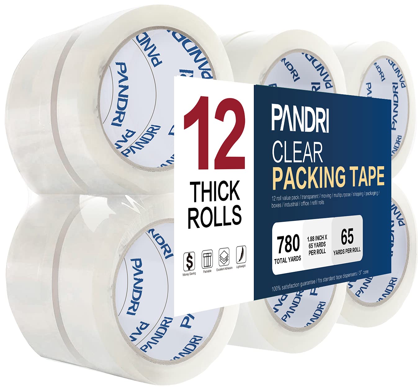PANDRI Clear Packing Tape 12 Rolls Heavy Duty Packaging Tape for Shipping  Packaging Moving Sealing 1.88 inches Wide 65 Yards Per Roll Total 780 Yards