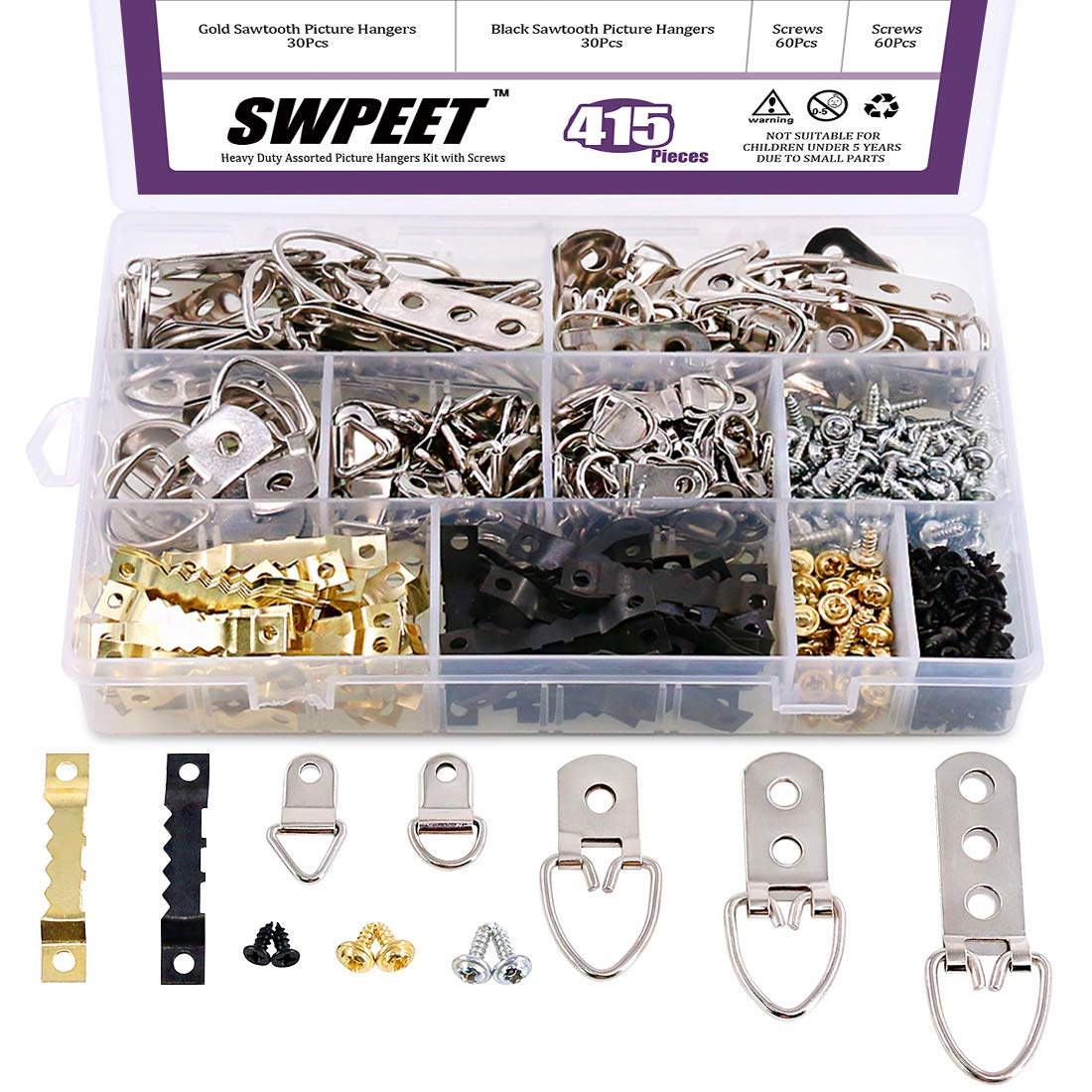 Swpeet 415Pcs Picture Hangers Kit with Screws, Heavy Duty Assorted