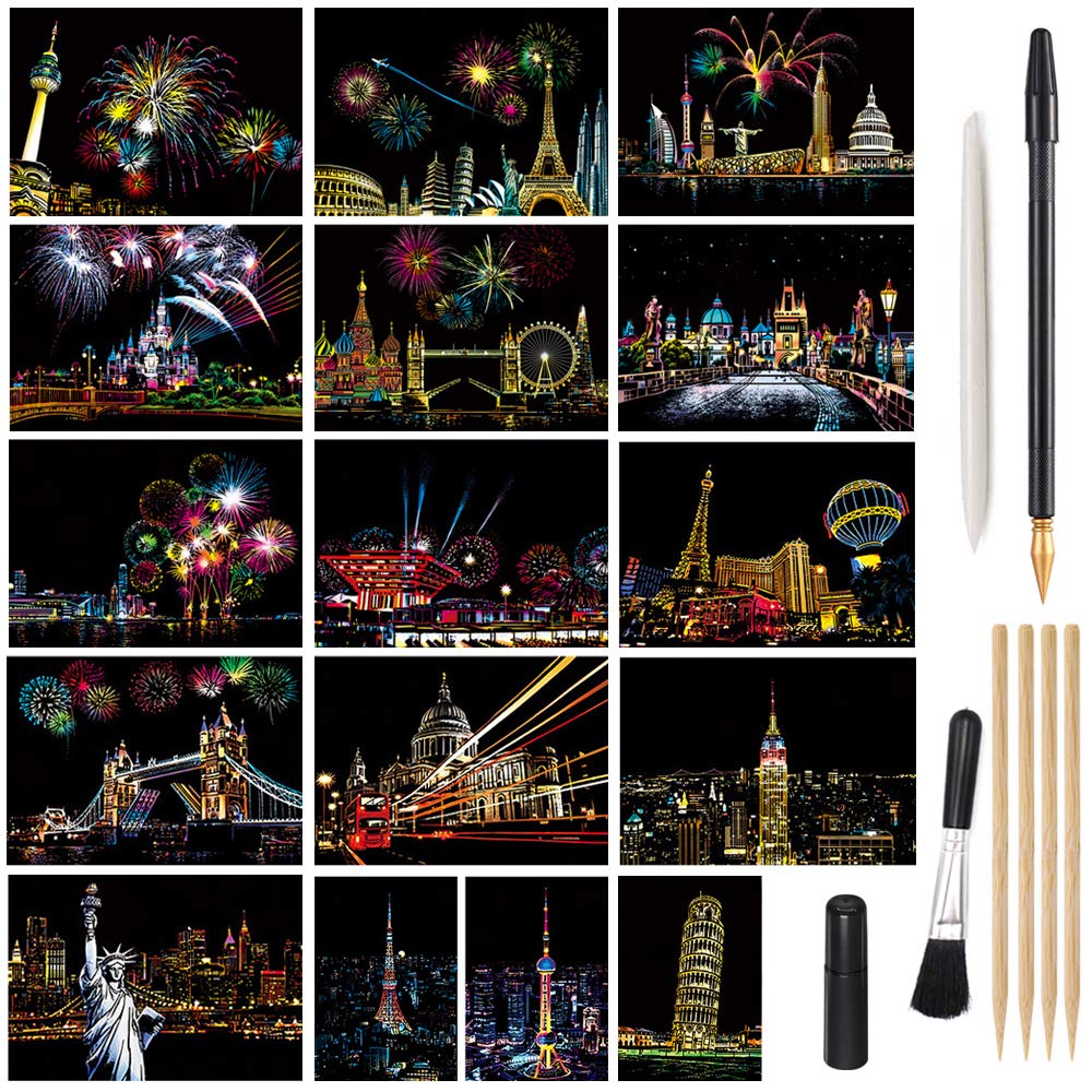 Magic Scratch Art Paper, Mini Envelope Postcard, Rainbow Night View  Scratchboard for Adults and Kids, Art & Crafts Set : 16 Sheets Scratch  Cards & 8 Tools Drawing Pen, Brush (Travel Around The World)