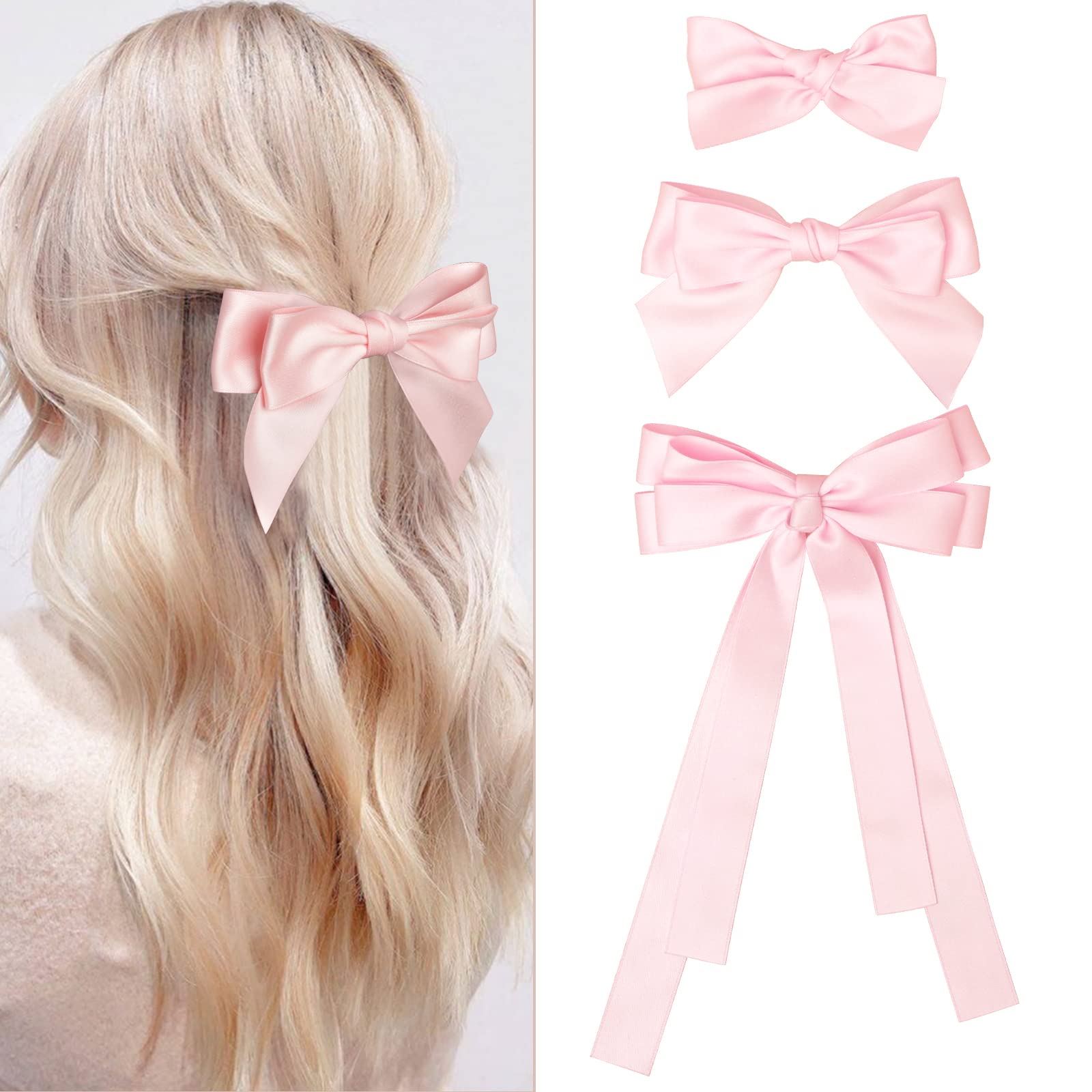 M T BROTHERS - 1 PIECE Big Satin Layered Hair Bows for Women Girls 11 Inch  Barrette Hair Clip Long Black Ribbon Bows French Style Hair Accessories (11  IN, WHITE) : Amazon.in: Beauty