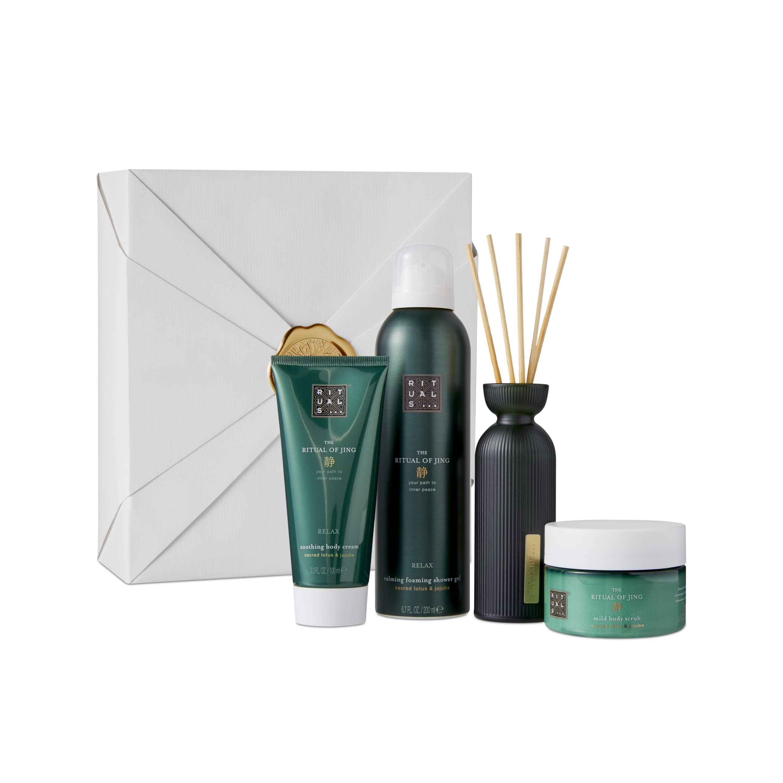 RITUALS Jing Calming Gift Set - Foaming Shower Gel Body Scrub Body Cream &  Mini Fragrance Stick with Sacred Lotus & Jujube - Medium