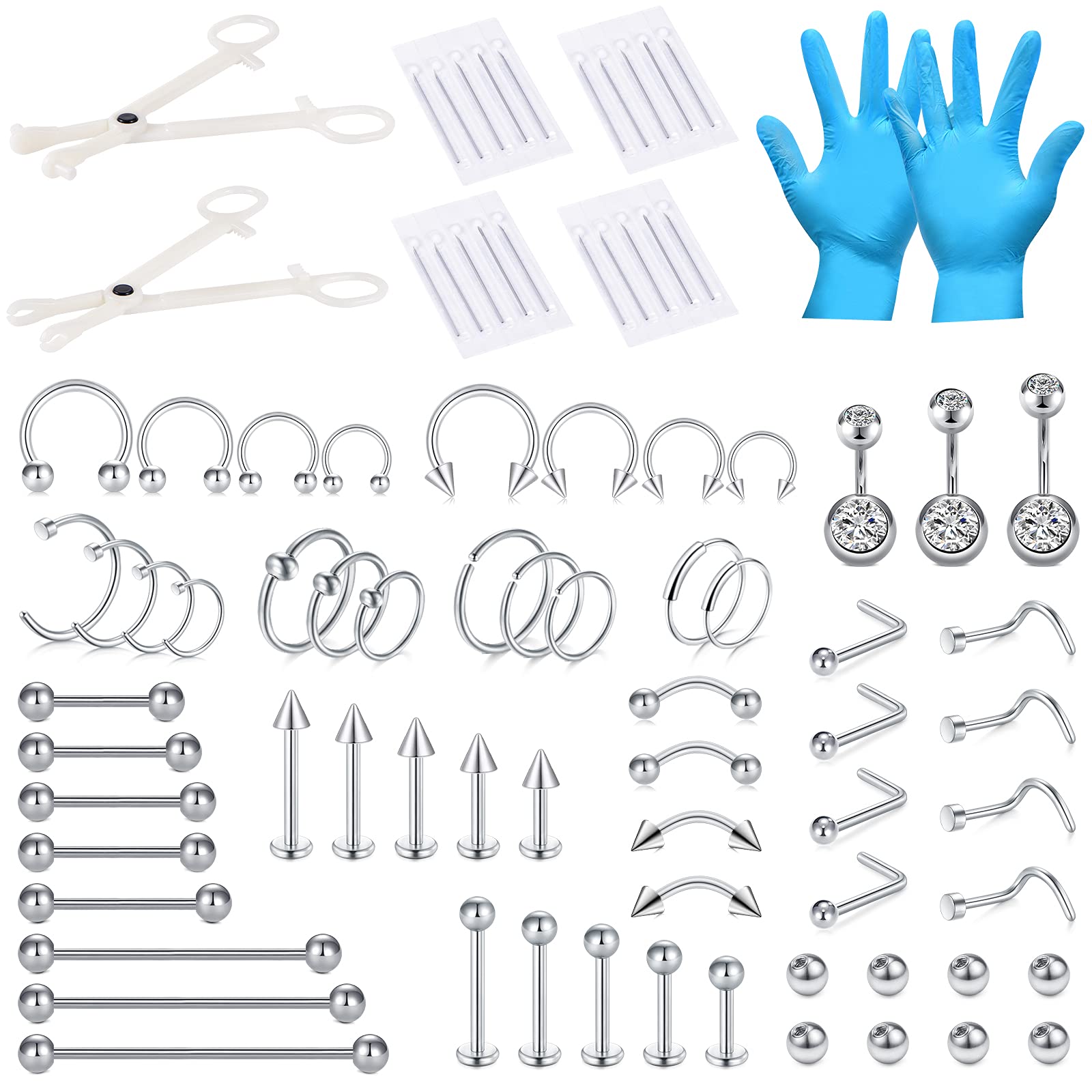 75PCS Mixed-size Piercing Kits for All Piercings,Stainless Steel Piercing  Kit 14G 16G 18G 20G Piecing Needles for Ear Cartilage Tragus Nose Septum  Lip Nipple Piercing Tools 1-75PCS-Mixed-size