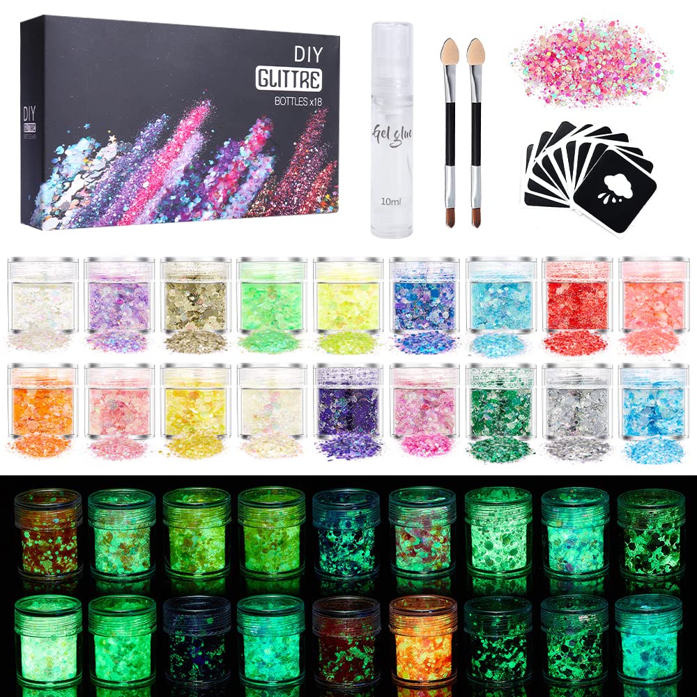 Glow in The Dark Face Body Glitter 18 Colors Luminous Glitter Set with Glue  Holographic Chunky