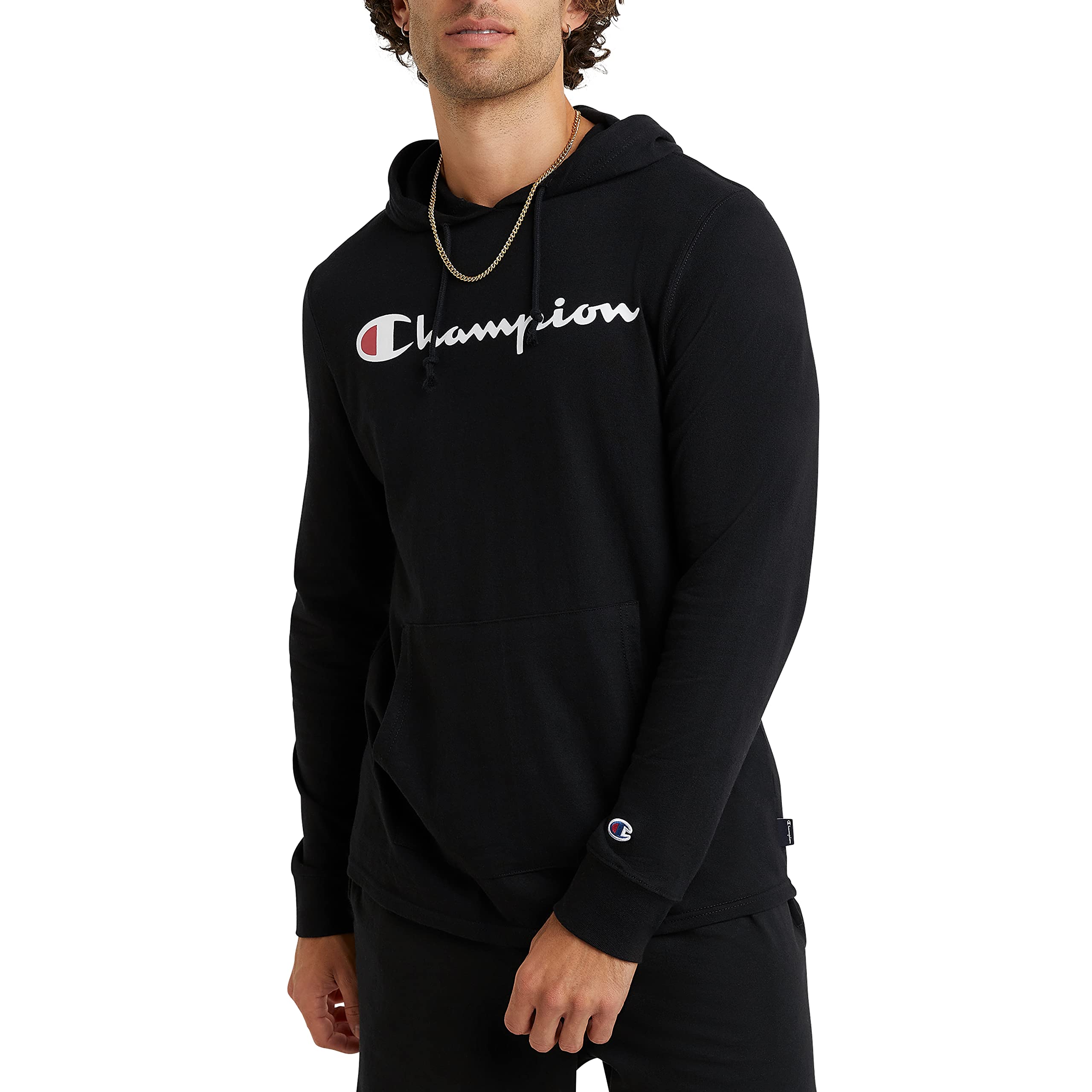 Champion Men's Hooded Long-Sleeve Tee Shirt for Men, Cotton Men's T-Shirt  Hoodie, Script Logo Large Black Script