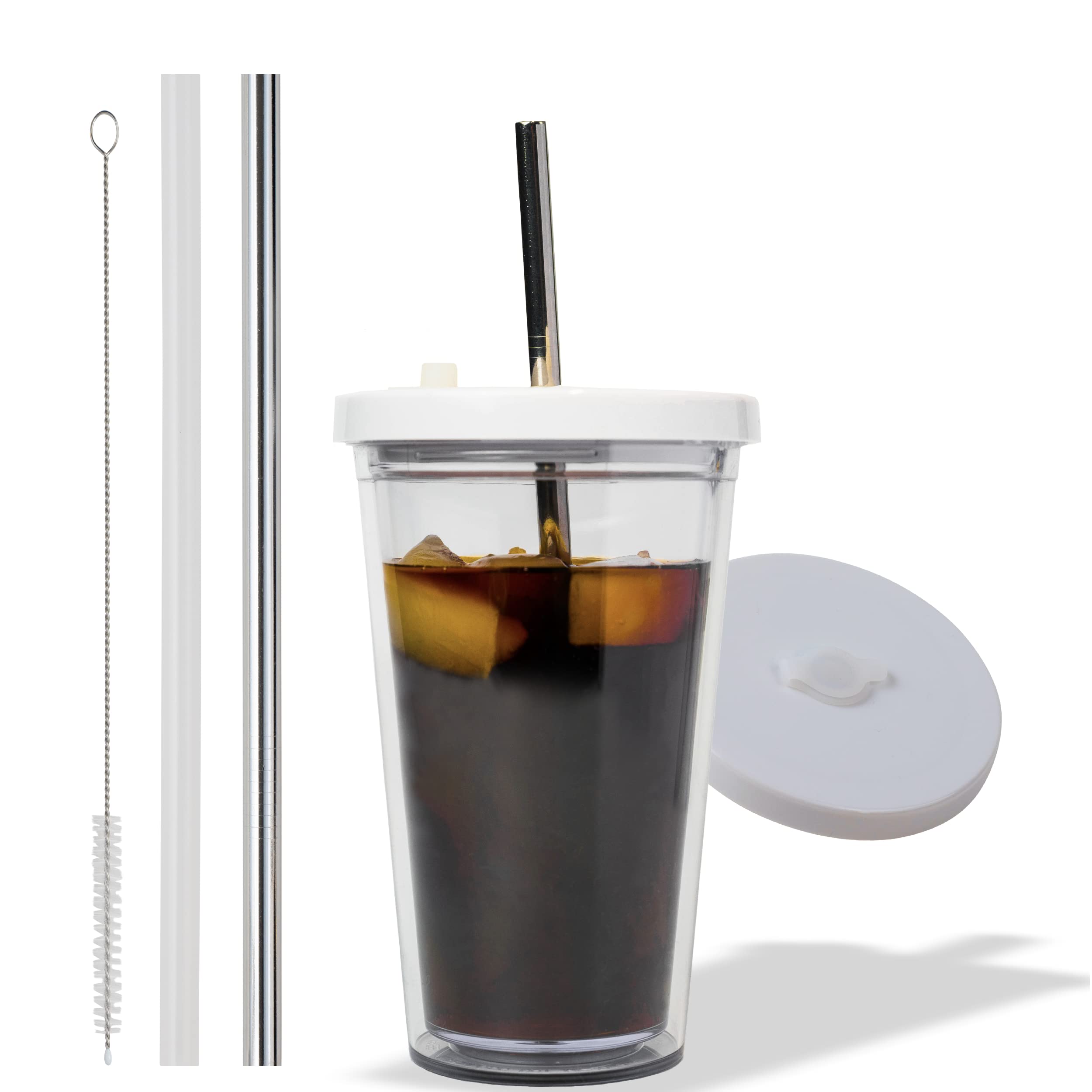 Reusable Iced Coffee Cup (24 Oz/Venti), Leak Proof and Double Wall  Insulated Iced Coffee Tumbler, Come with Reusable Plastic and Metal Straws  and Straw Cleaner Clear 24.0 ounces