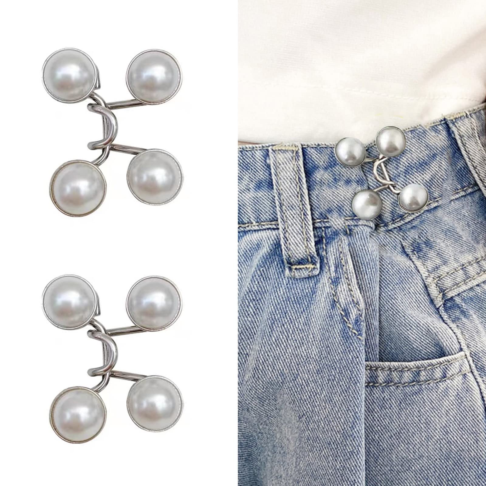 Qeuly 2 Sets Pant Waist Tightener Instant Jean Buttons for Loose Jeans Pants  Clips for Waist Detachable Jean Buttons Pins No Sewing Waistband Tightener  (White Pearl)