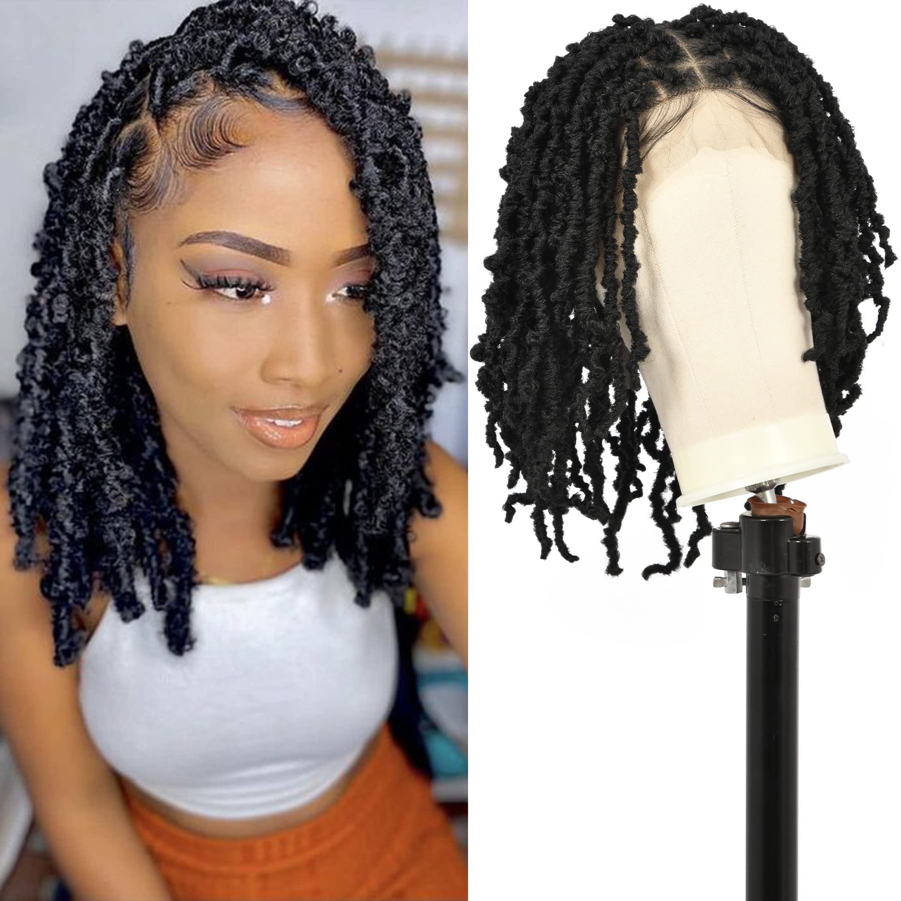 Kalyss 15 Full Double Lace Front Knotless Locs Braided Wigs Synthetic Lace  Frontal Black Short Bob Twist Braided Wig with Baby Hair for Black Women
