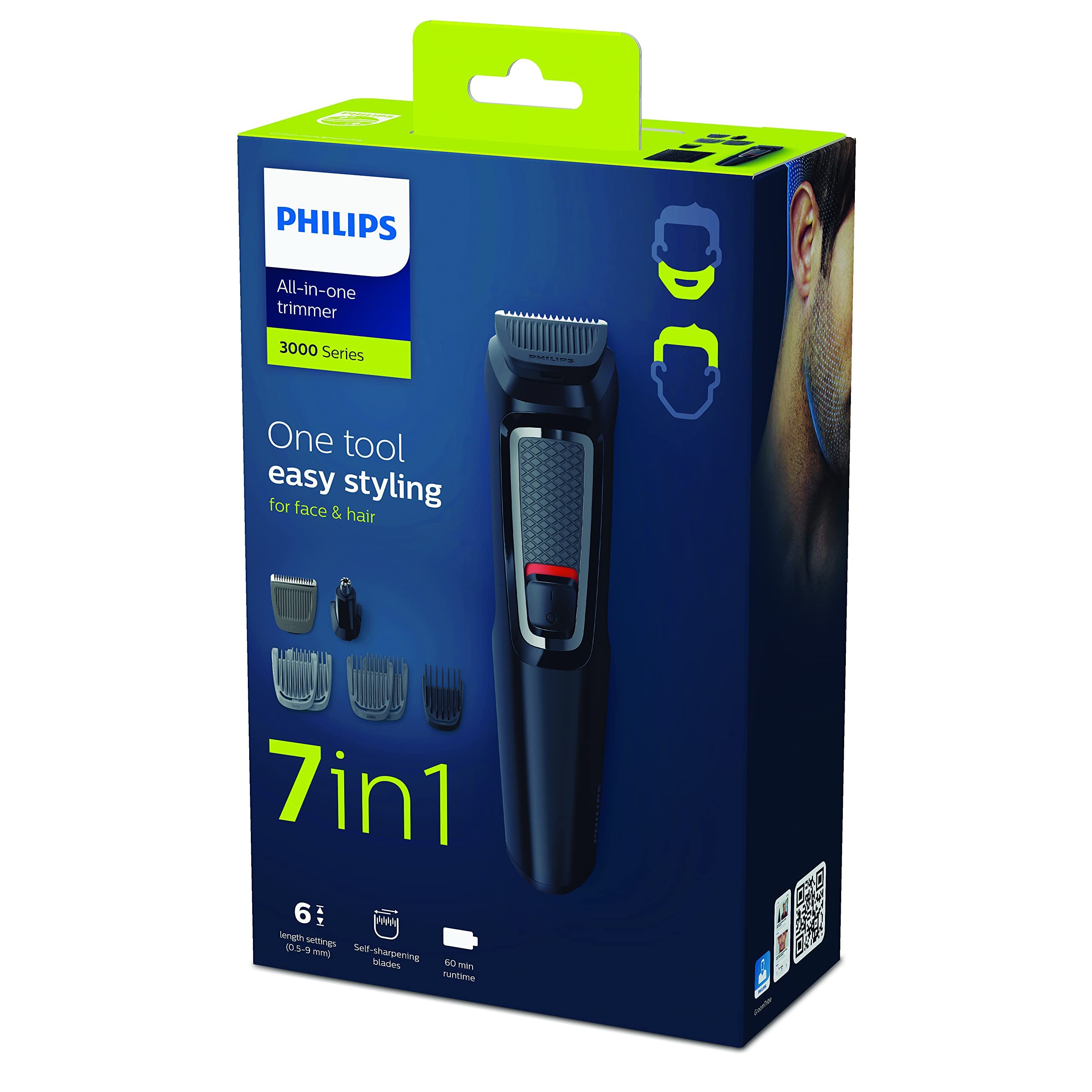 Philips 7-in-1 All-In-One Trimmer Series 3000 Grooming Kit for Beard & Hair  with 7 Attachments Including Nose Trimmer Self-Sharpening Blades UK 3-Pin  Plug-MG3720/33 7-in-1 Multigroom