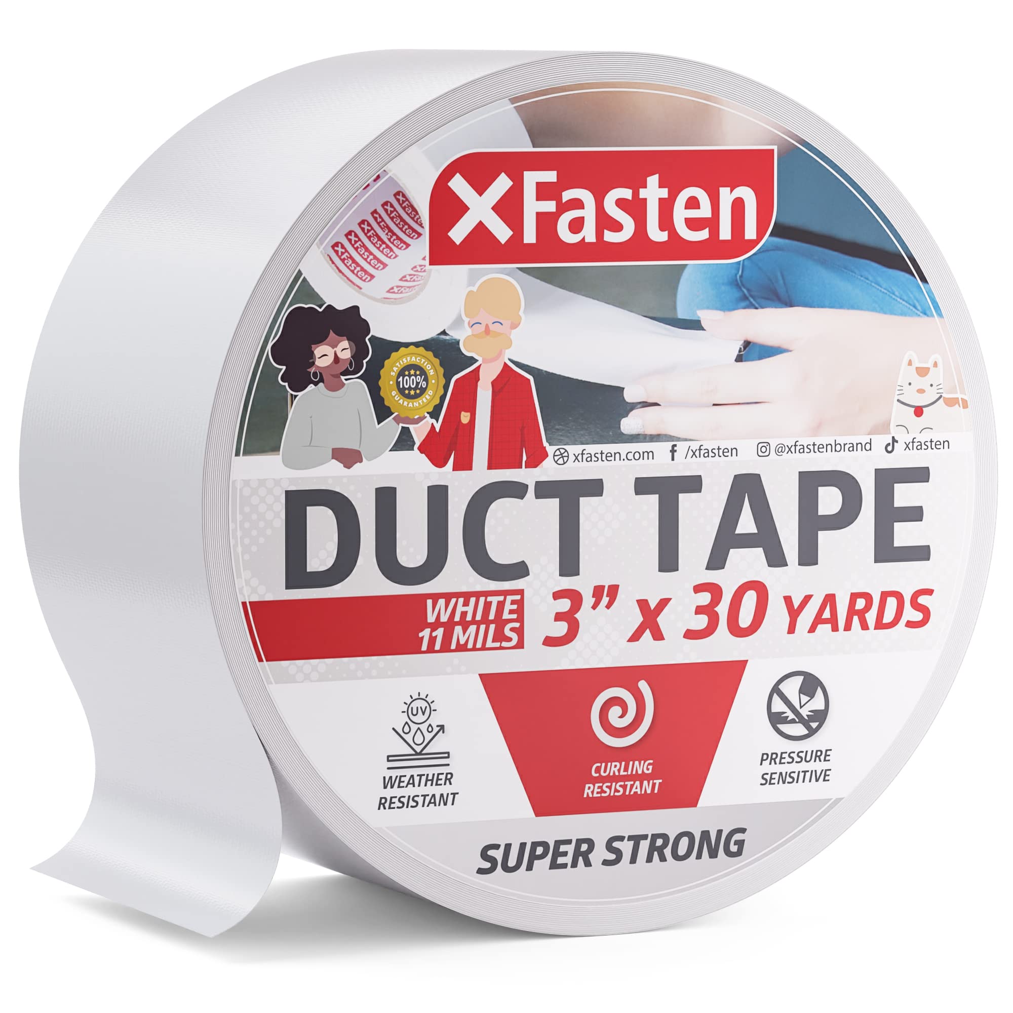 XFasten Super Strong Duct Tape, White, 3 x 30 Yards, Waterproof