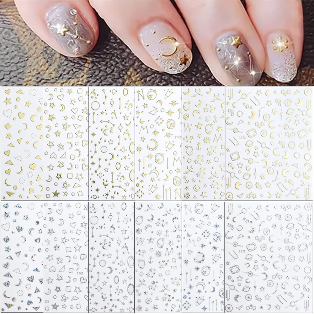 3D Star Stickers for Nail Art Silver Gold Bronzing Self Adhesive Stars Nail  Decals Y2K Nail Decor Shiny Holographic Glitter Stickers for Women Girls