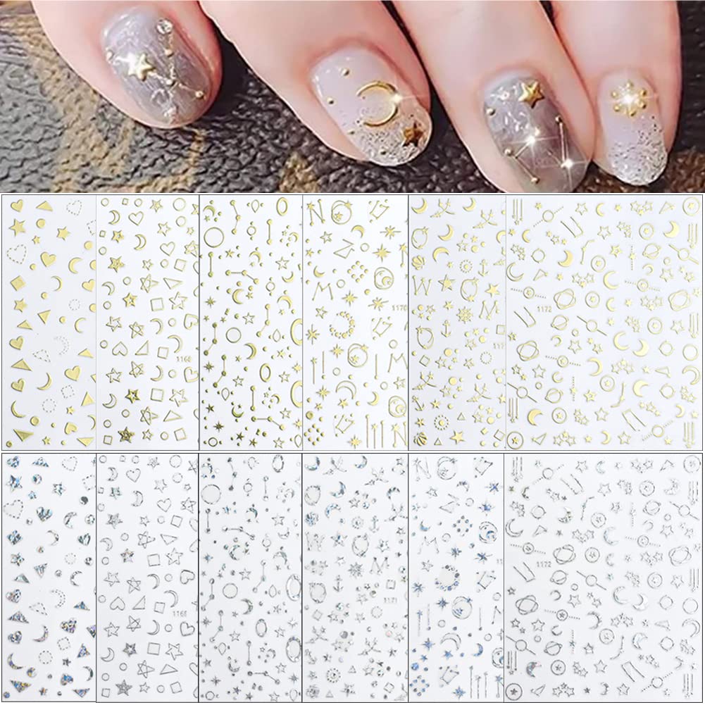  8Sheets Gold Star Nail Sticker Decals- Metallic Nail Supplies  3D Self-Adhesive Sun Stars Moon Starlight Planets Snake Nail Design Nail  Art Stickers for Women Acrylic Nails Decoration Accessories Craft : Beauty