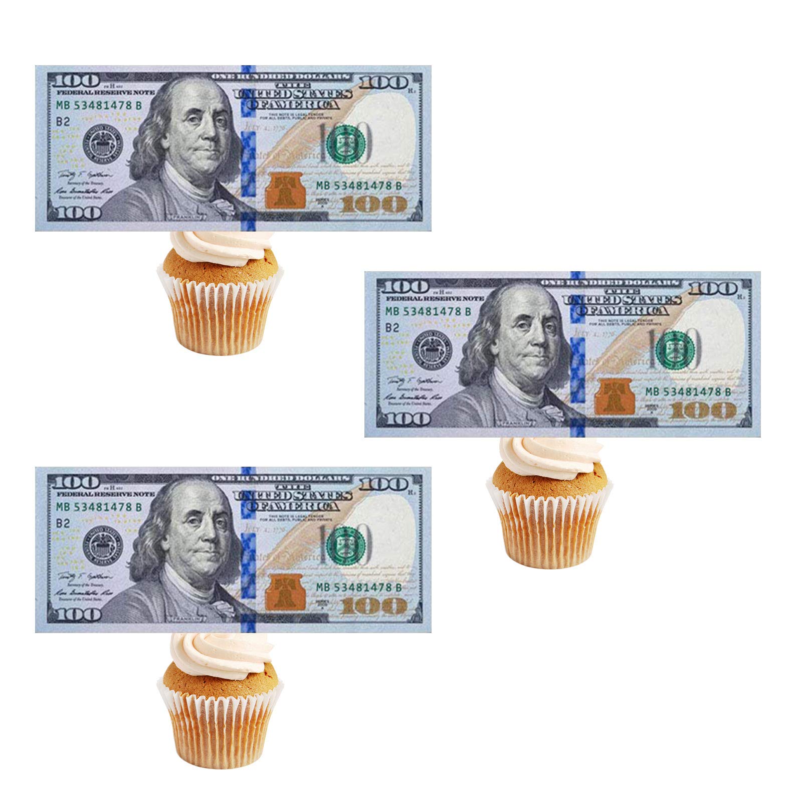 30Pcs Edible New 100 Dollar Bill Image Cake Decorations, Regular Size  Precut Fake Money Cake Toppers