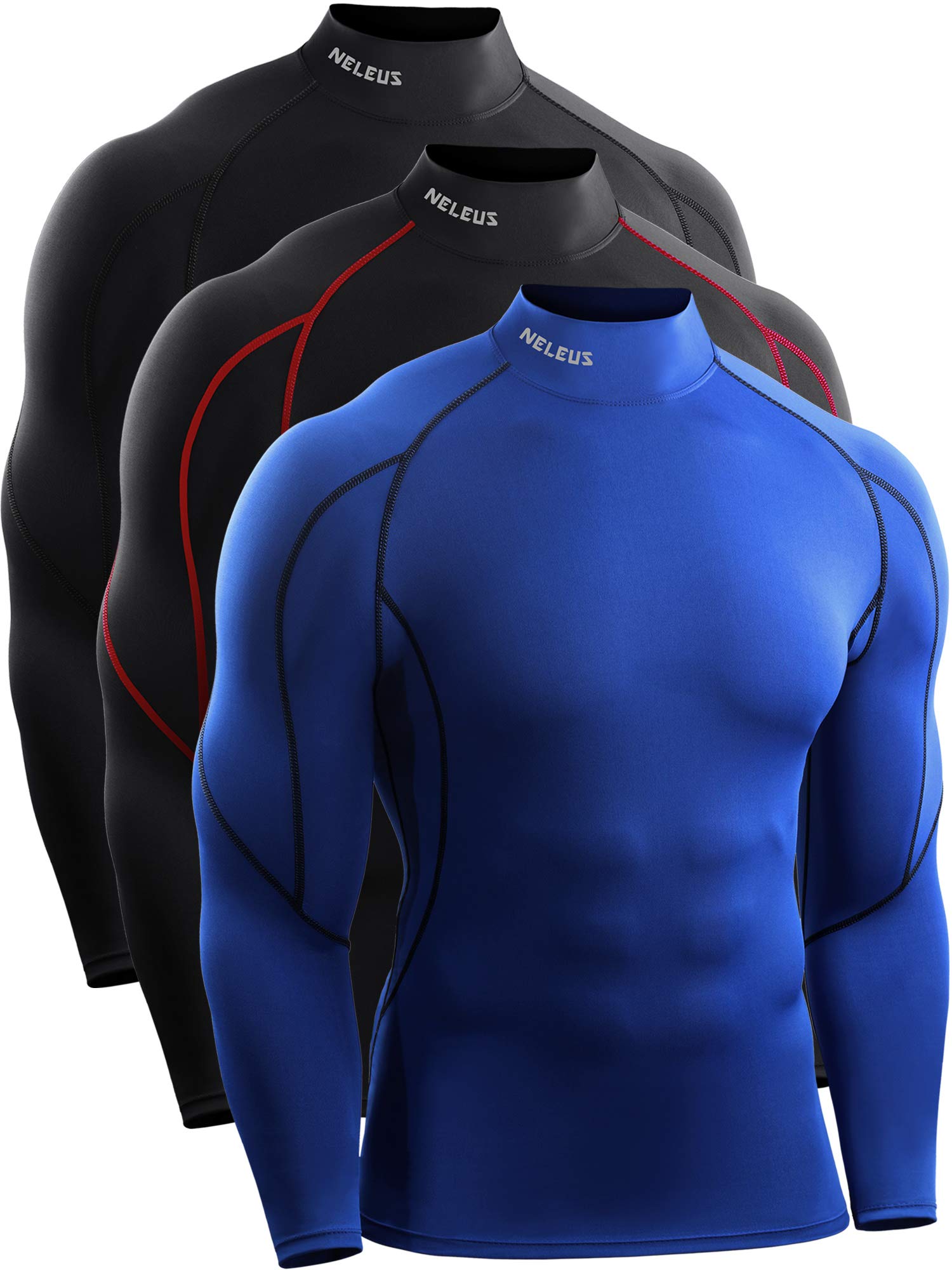 NELEUS Men's 3 Pack Athletic Compression Shirt Running Shirts XX-Large  Heatlock Mock Neck:black/Blue/