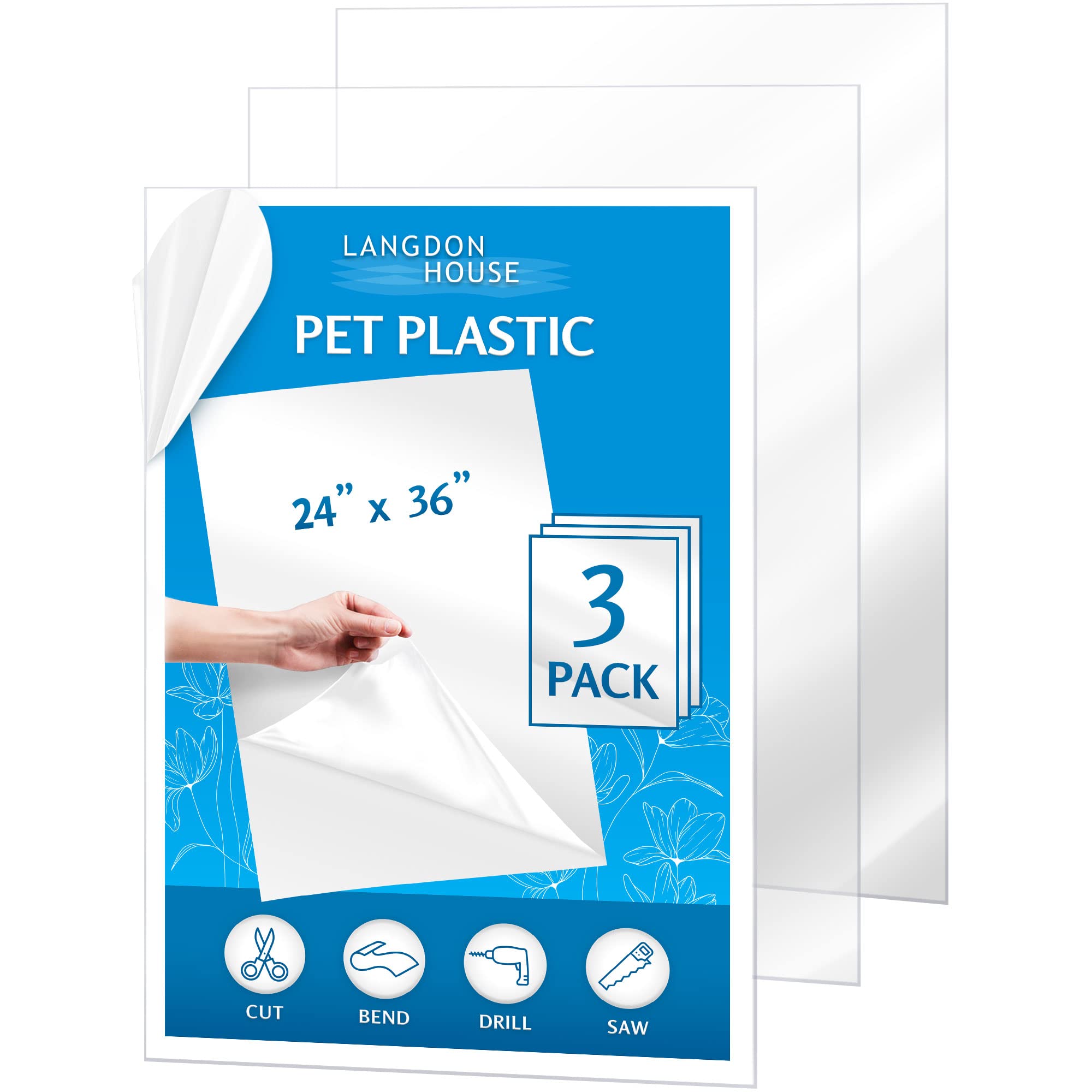 PET Flexible Plastic Glass Sheets (24x36 x 0.03 inch Clear 3 Pack) Thin  Plexi-Glass Sheet