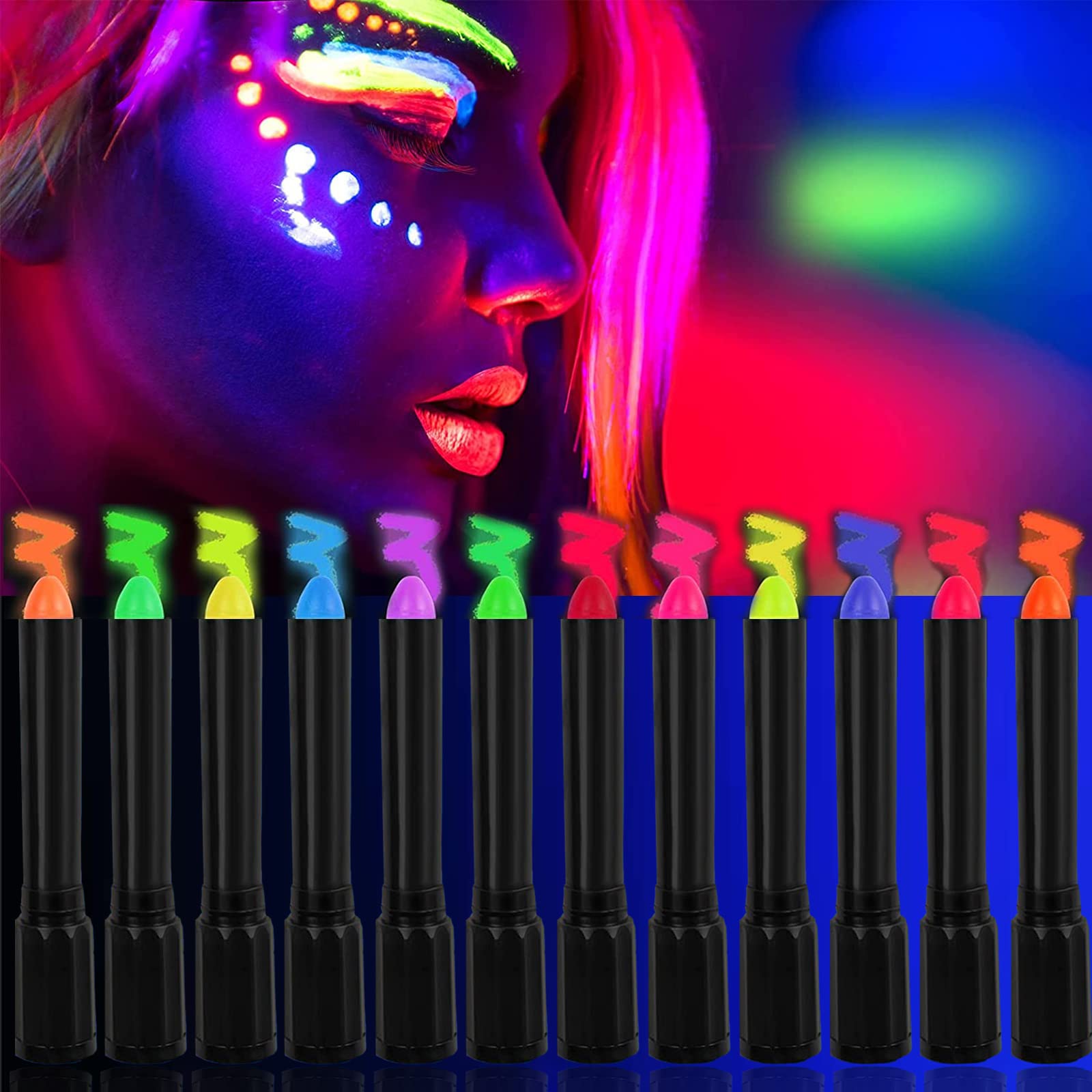 12 Color Glow in The Black Light Body Face Paint for Kids Adult, UV Black  Light Glow Crayons Neon Fluorescent Face Painting Makeup Kit for Birthday  Party Halloween Masquerade Glow Party Makeup