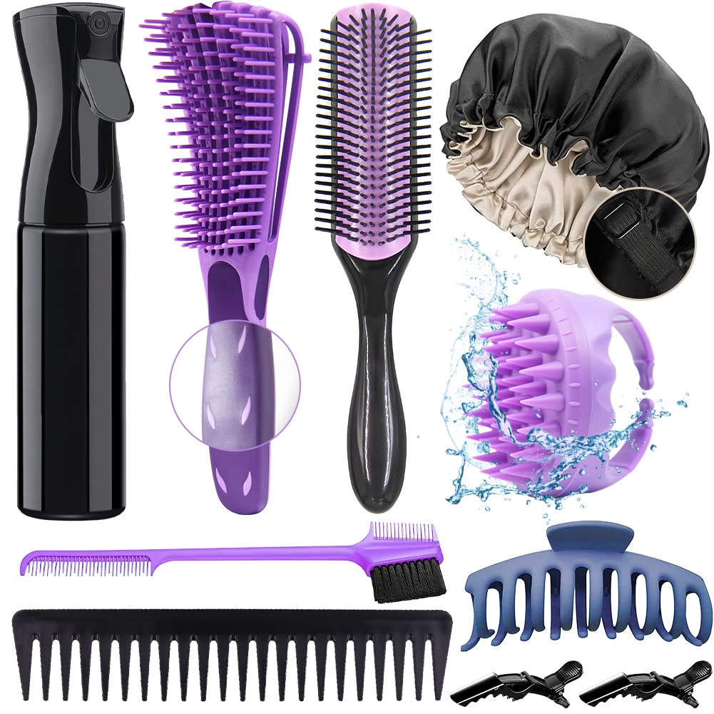 10Pcs Detangling Brush for Black Natural Hair, Curly Hair Brush Set with  Sleep Bonnet for Afro